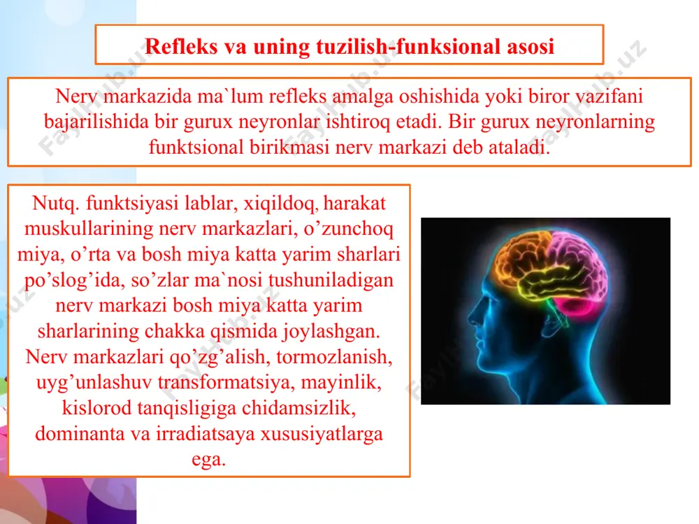 ng retseptorlariga bo’linadi. bu retseptorlar organizmning ichki ahvolidagi o’z garishlarni sezadi. l.tana sirtidagi retseptorlar -eksteroretseptorlardir. ular tashqi dunyodagi narsalardan organizmga keluvchi ta’sirlarni sezadi. hazm qilish, qon aylanish, nafas olish organlarini va boshqalarni tekshirganda ichki organlar, shilliq pardalar va tomirlardan kelib chiquvchi reflekslarni bir necha marta ko’rgan edik. aorta yoyidagi bosim oshganda yurakning sekinroq urishi va tomirlarning kengayishi bunday refleksga misol bo’la oladi. qon aylanish jarayoni a’zolar va to’qimalarga, xuddi moddalar almashinuvining qoldiq mahsulotlarini ayrim a’zolariga yetkazib berganidek, to’yimli moddalarni yetkazib beradi. organizmga gazsimon moddalarn tushishini va chiqarilishini nafas a’zolari ta’minlab beradi. tug’ma (shartsiz) va orttirilgan (shartli) reflekslar i.p.pavlov laklifi bilan reflekslar ikki guruhga: 1. shartsiz 2. shartli reflekslarga bo’linadi. tug’ilgan paytdayoq mavjud bo’lgan reflekslar shartsiz reflekslar yoki instinktlar hisoblanadi. masalan, yangi tug’ilgan kuchuk bolalari ona sutini so’ra boshlasa, hozirgina tuxumdan chiqqan jo’ja don cho’qiy boshlaydi. shartli reflekslar asab tizimining oliy bo’limlarida vaqtinchalik nerv bog’larining hosil bo’lishiga asoslangan. ular hayot davomida …