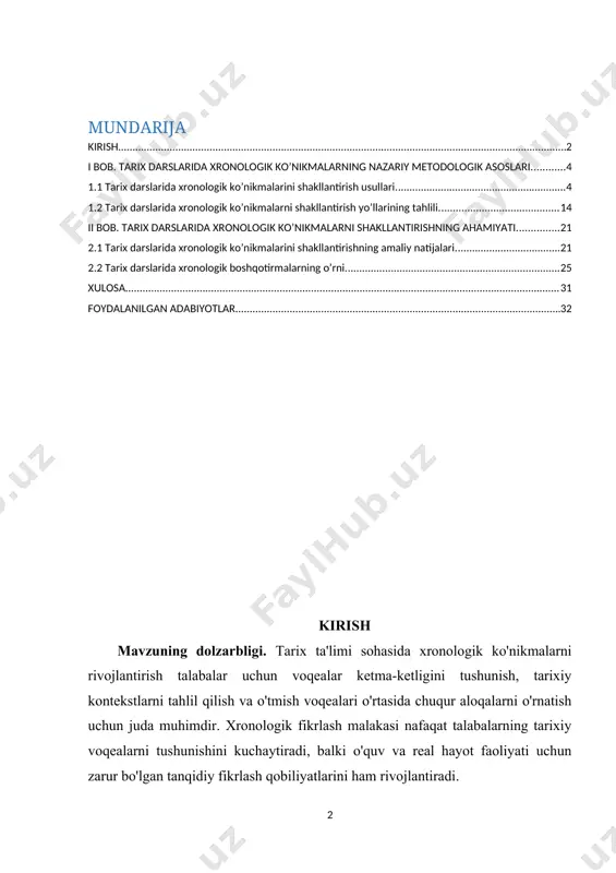 solishga chaqirish uchun xronologik tartiblash mashqlaridan foydalanishlari mumkin. ushbu amaliy yondashuv talabalarni voqealar o'rtasidagi vaqtinchalik munosabatlarni tanqidiy tahlil qilishga, ularning tashkiliy qobiliyatlari va tarixiy aniqligini oshirishga majbur qiladi. yana bir qimmatli strategiya turli tarixiy davrlarni solishtirish va qarama-qarshi qo'yishni o'z ichiga oladi. davrlar orasidagi qarama-qarshiliklarni o'rganish orqali o'quvchilar naqshlarni aniqlashga, parallelliklarni chizishga va turli vaqt davrlarini belgilaydigan davomiylik va o'zgarishlarni tushunishga da'vat etiladi. bu qiyosiy tahlil nafaqat o‘quvchilarning tarixiy kontekstlar haqidagi tushunchalarini boyitibgina qolmay, balki ularda umumiy mavzularni ajratib ko‘rsatish va mazmunli xulosalar chiqarish qobiliyatini ham rivojlantiradi. kurs ishining maqsadi va vazifalari. tarix darslarida xronologik ko'nikmalarni oshirish uchun o'qituvchilar turli xil samarali usullar va strategiyalardan foydalanishlari mumkin. ushbu usullardan ba'zilari: 1. vaqt jadvallaridan foydalanish: talabalarni xronologik tartibni va voqealar o'rtasidagi o'zaro bog'liqlikni tasavvur qilish uchun tarixiy voqealarning vaqt jadvallarini yaratishga undash. 2. xronologik saralash mashqlari: talabalarga tarixiy voqealarni to'g'ri xronologik ketma-ketlikda joylashtirishlari kerak bo'lgan tadbirlarni taqdim eting, ularning tashkiliy qobiliyatlari …