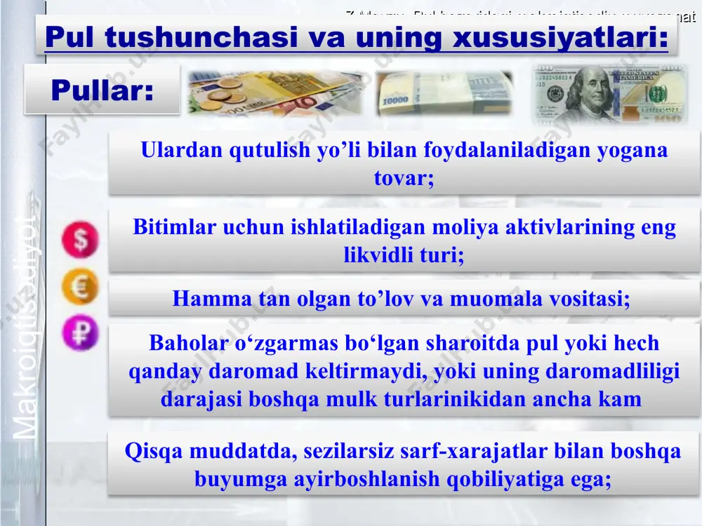 sertifikatlar; cheklar; muddatli depozitlar. 7 mavzu. pul bozoridagi makroiqtisodiy muvozanat makroiqtisodiyot shunday qilib, deyarli pulning iqtisodiyotga ta'siri quyidagicha ifodalanadi: to'lov vositasi sifatida kvazi pullardan foydalanish bozor likvidligini yaxshilaydi; pul mablag'larini depozitlarga joylashtirish orqali pul massasi hajmiga ta'sir qiladi; xususiy pul shakllaridan foydalanish real pulga talabni oshirish yoki kamaytirish orqali pul massasini tartibga solish imkonini beradi. 7 mavzu. pul bozoridagi makroiqtisodiy muvozanat makroiqtisodiyot shuning uchun kvazi-pullarning muomalasi va ulardan foydalanishni aniq, samaraliroq tartibga solish uchun davlat ulardan foydalanish tartibini qonunchilik darajasida tartibga soladi. qimmatli qog'ozlar kvazi-pul moliyaviy aktivlarni tekshiradi kredit kartalari deyarli pul sertifikatlari 7 mavzu. pul bozoridagi makroiqtisodiy muvozanat makroiqtisodiyot hozirgi zamon iqtisodiyotida tо‘lovlar uch yо‘l bilan amalga oshiriladi: naqd pul tо‘lovi; bankdagi hisob varaqlarda yozuv orqali, ya’ni naqd bо‘lmagan pul kо‘chirish orqali; bir shaxsning ikkinchi shaxsga qarzdorliligini tasdiqlovchi hujjatlar (veksellar, qarz majburiyatlari) yordamida. 7 mavzu. pul bozoridagi makroiqtisodiy muvozanat makroiqtisodiyot pul agregatlari tanga pullar, qog‘oz pullar, joriy depozitdagi aholi …