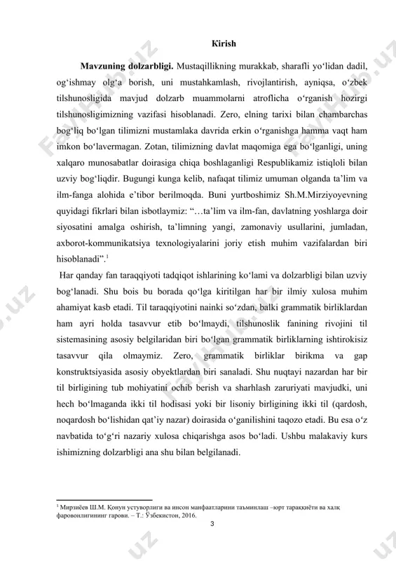 mavzu ko‘p hollarda umumiy tasniflab ketilgan.mazkur ishda so‘z turkumlari bo‘yicha so‘z yasovchi qo‘shimchalarga to‘xtalib o‘tildi. ishning obyekti.ishni yoritishda tilshunoslik nazariyasiga doir turli darslik va qoʻllanmalar obyekt sifatida olindi. bundan tashqari xudoyberganova z.va hamidov x.larning ilmiy asarlaridan keng foydalanildi.adigüzel, huseyin, deyim hazinemiz, açiklamali kabi turk adabiyoti vakillari ijodiga murojaat qilindi. bundan tashqari oʻzbek tilshunoslaridan y.abdurasulovning “turkiy tillarning qiyosiy-tarixiy grammatikasi” nomli oʻquv-uslubiy qoʻllanmasi tayanch manbaa sifatida olindi. kurs ishining tuzilishi.kirish, ikki bob, xulosa va foydalanilgan adabiyotlar ro‘yxatidan iborat 24 sahifani tashkil etadi 1-bob turk tili grammatikasi haqida umumiy ma'lumot 1.1.turk tili grammatikasining o`ziga xos xususiyatlari turk tili (turk dili, turkçe) turkiya respublikasining davlat tili bo‘lib, bugungi kunda 70 milliondan ortiq kishi ushbu tilda so'zlashadi.turkiy tillar oilasiga mansub hozirgi zamon turk tili (çağdaş türkçe) o'g'uz lahjasining o'g'uz-saljuq kichik guruhiga mansub bo'lib, unga xos asosiy genetik va tipologik xususiyatlar, leksikada- asosiy so'z zahirasining mushtarakligi, fonetikada - turkiy tillarga xos singarmonizm qonuni, morfologiyada - so'z …