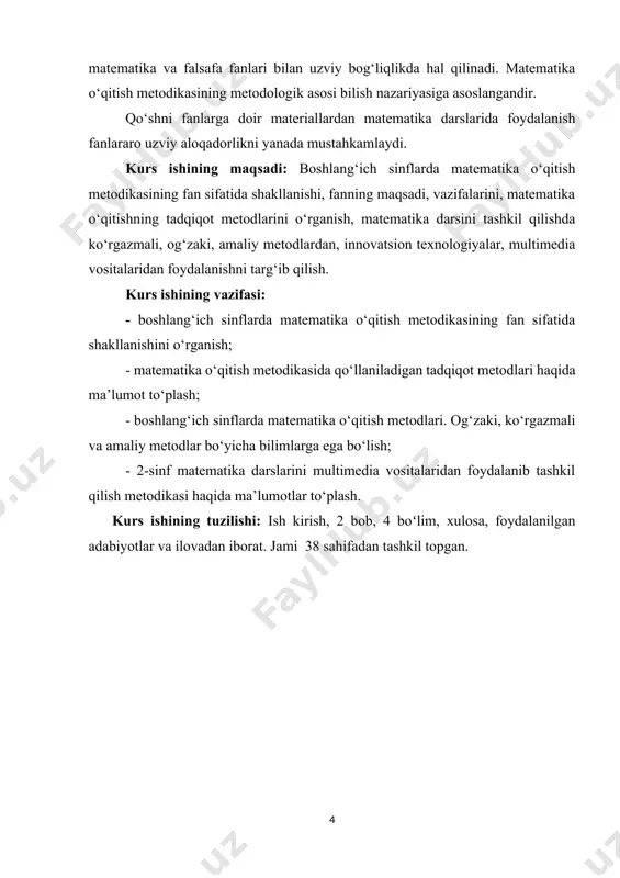 sinf o‘qituvchisining metodik, matematik tayyorgarligi va vazifalari. 1.1. boshlang‘ich sinflarda matematika o‘qitish metodikasining fan sifatida shakllanishi. o‘rta maktablarda matematika o‘qitishning maqsadi quyidagi uch omil bilan belgilanadi: 1. matematika o‘qitishning umumta’limiy maqsadi. 2. matematika o‘qitishning tarbiyaviy maqsadi. 3. matematika o‘qitishning amaliy maqsadi. 1. matematika o‘qitishning umumta’limiy maqsadi o‘z oldiga quyidagi vazifalami qo‘yadi: a) o‘quvchilarga ma’lum bir dastur asosida matematik bilimlar tizimini berish. bu bilimlar tizimi matematika fani to‘g‘risida o‘quvchilarga yetarli darajada ma’lumot berishi, ularni matematika fanining yuqori bo‘limlarini o‘rganishga tayyorlashi kerak. bundan tashqari, dastur asosida o‘quvchilar o‘qish jarayonida olgan bilimlarining ishonchli ekanligini tekshira bilishga o‘rganishlari, ya’ni isbotlash va nazorat qilishning asosiy metodlarini egallashlari kerak; b) o‘quvchilarning og‘zaki va yozma matematik bilimlarini tarkib toptirish. matematikani o‘rganish o‘quvchilarning o‘z ona tillarida xatosiz so‘zlash, o‘z fikrini aniq, ravshan va lo‘nda qilib bayon eta bilish malakalarini o‘zlashtirishlariga yordam berishi kerak. bu degan so‘z o‘quvchilarning har bir matematik qoidani o‘z ona tillarida to‘g‘ri gapira olishlariga erishish …