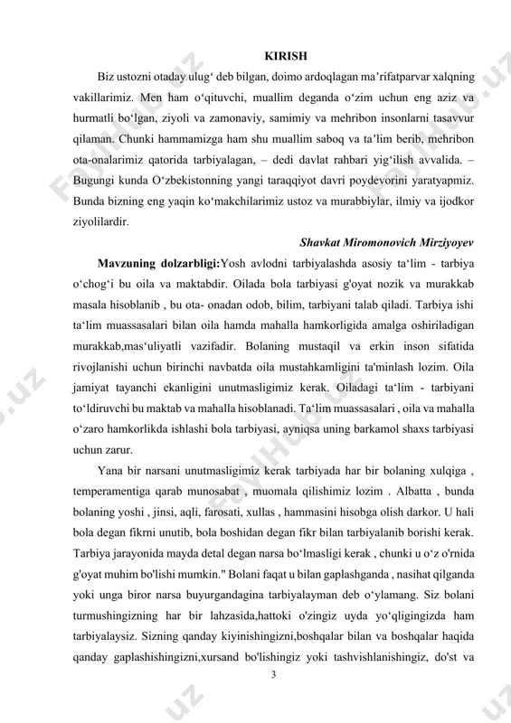 , tarbiyani talab qiladi. tarbiya ishi ta‘lim muassasalari bilan oila hamda mahalla hamkorligida amalga oshiriladigan murakkab,mas‘uliyatli vazifadir. bolaning mustaqil va erkin inson sifatida rivojlanishi uchun birinchi navbatda oila mustahkamligini ta'minlash lozim. oila jamiyat tayanchi ekanligini unutmasligimiz kerak. oiladagi ta‘lim - tarbiyani to‘ldiruvchi bu maktab va mahalla hisoblanadi. ta‘lim muassasalari , oila va mahalla o‘zaro hamkorlikda ishlashi bola tarbiyasi, ayniqsa uning barkamol shaxs tarbiyasi uchun zarur. yana bir narsani unutmasligimiz kerak tarbiyada har bir bolaning xulqiga , temperamentiga qarab munosabat , muomala qilishimiz lozim . albatta , bunda bolaning yoshi , jinsi, aqli, farosati, xullas , hammasini hisobga olish darkor. u hali bola degan fikrni unutib, bola boshidan degan fikr bilan tarbiyalanib borishi kerak. tarbiya jarayonida mayda detal degan narsa bo‘lmasligi kerak , chunki u o‘z o'rnida g'oyat muhim bo'lishi mumkin." bolani faqat u bilan gaplashganda , nasihat qilganda yoki unga biror narsa buyurgandagina tarbiyalayman deb o‘ylamang. siz bolani turmushingizning har …