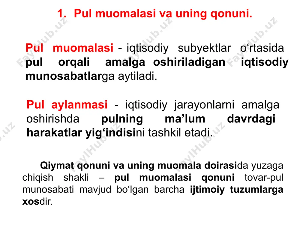 + schyotlardagi pul qoldig‘i + mahalliy byudjet mablag‘lari – byudjet, jamoa va boshqa tashkilotlar mablag‘lari; m1 + tijorat banklaridagi muddatli jamg‘armalar; m2 + sertifikatlar + maqsadli zayom obligatsiyalari + davlat zayom obligatsiyalari + xazina majburiyatlari. m0 = m1 = m2 = m3 = pul tizimi va uning asosiy elementlari. pul tizimi – bu mamlakatda tarixan tarkib topgan va milliy qonunchilik bilan tasdiqlangan pul muomalasini tashkil qilish shaklidir. pul tizimi – bu mamlakatda pul muomalasini amalga oshirishning shakli bo‘lib, uning asosini milliy valyuta tashkil etadi va milliy valyuta orqali tartibga solinadi. kishilik jamiyatining vujudga kelishi, rivojlanishi va takomillashuvi barobarida tovar-pul munosabatlari ham shunga monand holda rivojlanib va takomillashib kelmoqda. pul tizimi turlari pul tizimi ham mavjud ijtimoiy-iqtisodiy jarayonlar davomida ikki turdan iborat: – metall pullar tizimi, bunda tovar pul (qimmatbaho metall) muomala vositasini bajaradi, metall pullar to‘lov vositasini bajarganda ularda pulning barcha funksiyalari namoyon bo‘ladi. – qog‘oz – kredit pullar tizimi, …