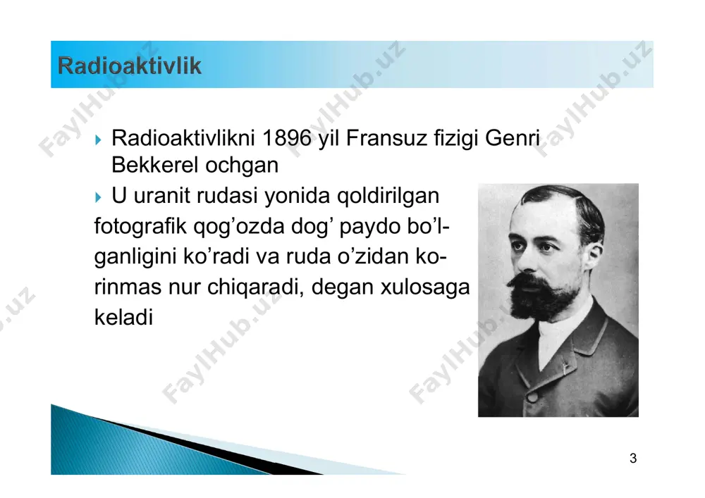 4c ning yarim yemirilish davri 5715 yilga teng. 2 3  yechish:  dastlab formuladan k topiladi:  k = 0.693/5715 = 1.21∙10-4 yil-1. formuladan t topiladi: ln 11.6/15.2 = - (1.21∙10-4)∙t t = 2235 yil. k 693.0t 2 1  kt n nln o t  2 4  bog’lanish energiyasi – yadro hosil bo’layotganda ajralib chiqadigan energiya.  bog’lanish energiyasi a=56 bo’lgan elementgacha ortib boradi.  a=56 dan keyin bu qiymat yanada og’irroq atomlarda kamayib boradi.  yadro reaksiyalarida ajaralib chiqayotgan energiya eynshteynning massa va energiyani bog’lovchi formulasi orqali topiladi: e = m∙c2  bu yerda c=3∙108 m/s. 2 5 2 6 = 4 g geliy sintezi 2 vagon ko’mir yonishi 2 7 2 8  masala:  235u neytronlar bilan bombardimon qilinganda, quyidagicha parchalanish ro’y beradi. 1 g 235u parchalanganda ajralib chiqadigan energiyani (j) hisoblang.  zarrachalar massalari: 235u=235.04mu, 142ba=141.92mu,  92kr=91.92mu, 1n=1.0087mu. mu=1.6605∙10-27 kg. 2 9 …