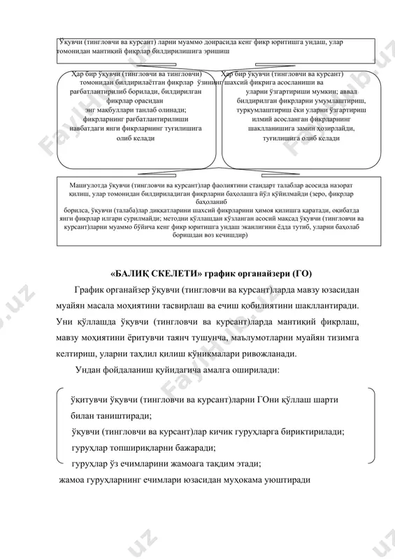 - ечим ( омил) 3- ечим ( омил) 2- ечим ( омил) 4- ечим ( омил) 5- ечим ( омил) «баҳс-мунозара» стратегияси «баҳс-мунозара» стратегияси икки ёки ундан ортиқ шахслар томонидан муайян вақт оралиғида ва қатъий қоидаларга мувофиқ ташкил этиладиган оғзаки баҳс бўлиб, ўқувчи (тингловчи ва курсант)ларда ўрганилаётган мавзу бўйича эркин, асосли фикрларни билдириш қобилиятларини шакллантиришга хизмат қилади. ўқув машғулотларида баҳс-мунозарадан фойдаланишда мавзуга доир маълум масалалар ҳал қилинади. уни қўллашда қуйидаги тартибда иш кўрилади: баҳс-мунозара учун танланган мавзу ўқувчи (тингловчи ва курсант) ларга олдиндан маълум қилинади жараён ў қ итувчи (ёки бошловчи) томонида н бош қ арилиб борилади ўқувчи (тингловчи ва курсант)лар индивидуал, гуруҳ (жуфтлик) номидан баҳс юритилаётган масала бўйича шахсий мулоҳазаларини баён қилади б а ҳ сда масаланинг мо ҳ ияти, ечими бўйича бир - бирига зид фикрлар илгари сурилади ечим бўйича асосий фикрни баён этадиган ўқувчи (тингловчи ва курсант)ларга 10 дақиқа, қўшимча қилиш истагида бўлганларга эса 5 дақиқадан вақт …