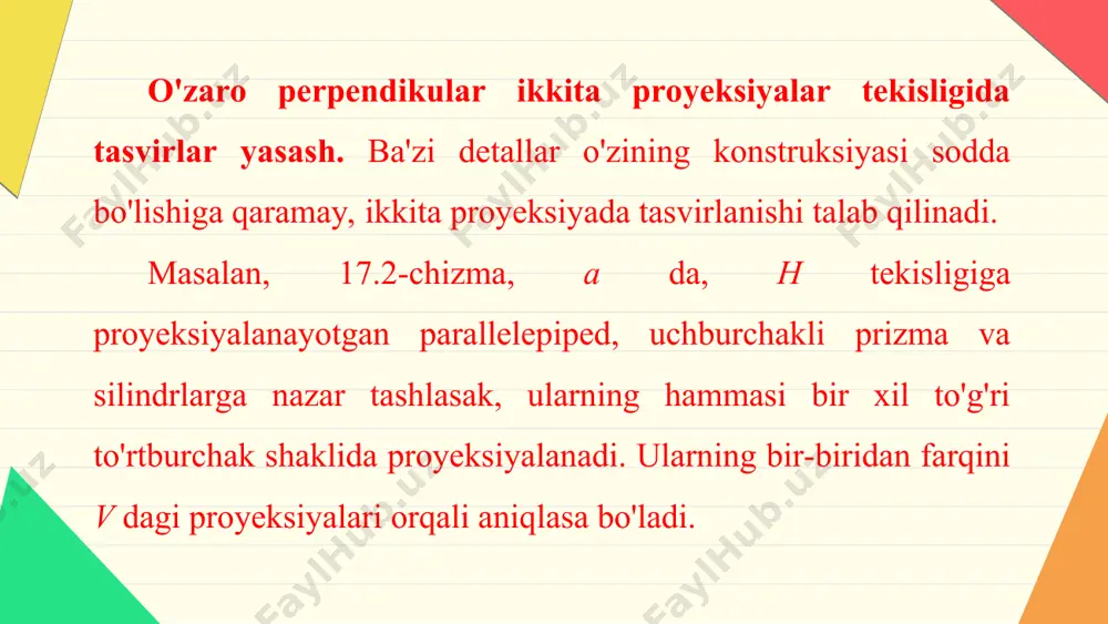 17-mavzu modelni bitta, o'zaro perpendikular ikkita va uchta tekislikka proyeksiyalash 8-sinf - Page 4