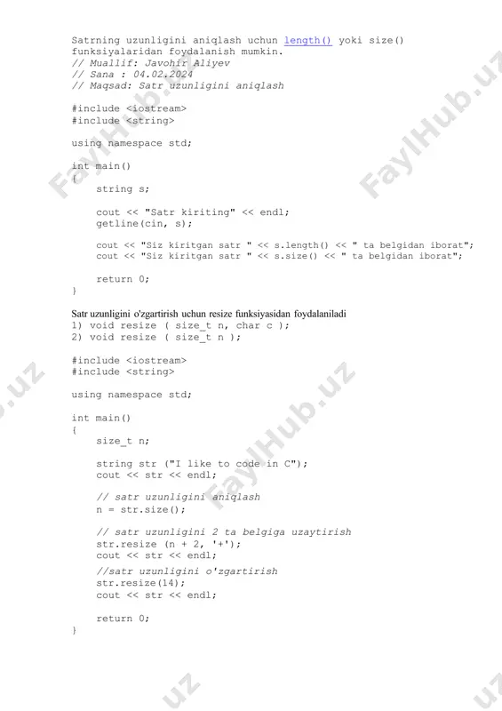 "; string c = "merhibon_va_muhtarama_ayollar"; char p[] = "salomlashish odobi"; cout #include using namespace std; int main() { string s = "assalomu alaykum do'stlar"; string c = "merhibon va muhtarama ayol"; cout #include using namespace std; int main() { string s = "assalomu alaykum"; string c = "vaalaykum dasturchi"; cout #include using namespace std; int main() { string s = "assalomu alaykum"; string c = "alaykum"; cout #include #include using namespace std; int main() { string c; string s, s1; size_t index; cout sarlavha faylini d asturga qo'shish kerak. lekin ba'zi eski kompilyatorlarda yoki sarlavha faylini qo'shish kerak bo'ladi. oddiy eski usuldagi satrlar bilan ishlash uchun esa, sarlavha fayli qo'shiladi. eng afzali, o'zingiz ishlatayotgan kompilyator bilan yaxshilab tanishib chiqing. satrlar bilan ishlovchi asosiy funksiyalar bilan tanishib chiqamiz. satr хususiyatlarini aniqlash uchun quyidagi funksiyalardan foydalanish mumkin: unsigned int size() const; // satr o’lchami unsigned int length() const; // satr elеmеntlar sоni …