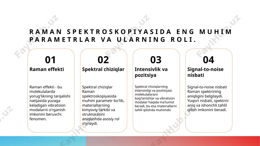 teriallarning fizikaviy xususiyatlarini tahlil qilishda raman spektroskopiyasining roli. 1 raman spektroskopiyasi raman spektroskopiyasi materiallarning fizikaviy xususiyatlarini o'rganish uchun mo'ljallangan kuchli bir usul bo'lib, molekulyar tuzilmani aniqlashda yordam beradi. 2 fizikaviy xususiyatlar materiallarning fizikaviy xususiyatlari, masalan, qattiqlik, elastiklik va termal o'tkazuvchanlik, raman spektroskopiyasi orqali aniqlanishi mumkin, bu esa materiallar uchun muhimdir. 3 tahlil qilish metodlari raman spektroskopiyasida spektral tahlil metodlari yordamida materiallarning vibratsion va rotatsion holatlari aniqlanadi, bu esa fizik xususiyatlarni tushunishga imkon beradi. 4 ilovalar va foyda ushbu usul, kimyo, materialshunoslik va biologiyada qo'llanilib, yangi materiallarni ishlab chiqish va ularning xususiyatlarini yaxshilashda muhim rol o'ynaydi. xulosa raman spektroskopiyasi muhim tahlil metodlari xilma-xil kelajakda rivojlanish imkoniyatlari raman spektroskopiyasi materiallarning fizikaviy va kimyoviy xususiyatlarini o'rganish uchun muhim vosita hisoblanadi. bu metod zamonaviy ilm-fan va sanoatda keng qo'llaniladi. raman spektrlarini tahlil qilishda bir qator innovatsion metodlar mavjud. bu metodlar materiallarning strukturasi va tarkibini aniq o'rganishga yordam beradi. raman spektroskopiyasining kelajagi katta, chunki yangi …
