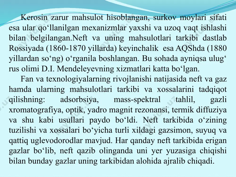 glevodorodlar suyuq holda, ikki, uch va undan yuqori halqalardan tuzilgan uglevodorodlar esa qattiq holatda bo‘ladi. bundan tashqari neft tarkibida smola va har xil moddalar ko‘rinishida kislorodli, oltingugurtli, azotli va boshqa uglevodorodlar mavjud. suyuq parafin uglevodorodlarni gazsimon uglevodorodlardan eng yengili pentan c5h12, undan keyin geksan c6h14, geptan c7h16, oktan c8h18 va boshqalar c16h34 gacha hisoblanadi. pentan yana ikki xil izomer: izopentan va neopentan ko‘rinishlarida uchraydi. geksan c6h12 da 4 ta izomer (izo-c6h12), geptan c7h16 da 8 ta izomer (izo- c7h16), oktanda c8h18 da 17 ta izomer (izo- c8h18) bor. molekulada uglerod atomlari sonining oshishi bilan izomerlar soni ham keskin oshadi, masalan, c13h28 tarkibli uglevodorodning 802 ta, c14h30 tarkibning esa 1858 ta izomerlari mavjud bo‘lishi mumkin. konlar neft xom-ashyosi tarkibida bunday izomer-parafin uglevodorodlar va boshqa guruhlardagi uglevodorodlar izomerlari turli xil nisbatlarda uchraydi, ya’ni har xil neft uyumlarining neft xom-ashyosi tarkibi va xossalari bir-biridan farq qiladi. bunga asosiy sabab, uglerod va vodorod atomlarining …