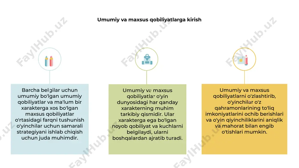 rivojlantirish imkoniyatini berish orqali ular turli vaziyatlarda yanada moslashuvchan va ko'p qirrali bo'lishi mumkin. ushbu umumiy qobiliyatlar shaxsiy va professional o'sish uchun asosdir. shaxsning o'ziga xos kuchli va iste'dodini shakllantirishda umumiy ko'nikmalardan tashqari, maxsus qobiliyatlar ham hal qiluvchi rol o'ynaydi. ushbu ixtisoslashgan ko'nikmalar odamlarni o'zlari tanlagan sohada ajratib ko'rsatishi va ularga mehnat bozorida raqobatbardosh ustunlikni ta'minlashi mumkin. turli sohalarda maxsus qobiliyatlar 1 2 3 2 turli sohalarda odamlar boshqalardan ajralib turadigan maxsus qobiliyatlarga ega. bu noyob ko'nikmalar ularga muayyan sohalarda ustunlik qilish va ajoyib natijalarga erishish imkonini beradi. 1 maxsus qobiliyatlar sportdan san'atgacha, ilmiy izlanishlargacha turli shakllarda namoyon bo'ladi. sportchilar ajoyib jismoniy jasorat, rassomlar esa ajoyib ijodkorlik va mahorat namoyish etadilar. 3 turli sohalarda maxsus qobiliyatlarga ega bo'lish odamlarga raqobatdosh ustunlik va o'sish va muvaffaqiyat uchun imkoniyatlar taqdim etadi. ushbu iste'dodlarni sayqallash orqali ular muhim hissa qo'shishlari va o'z sohalarida doimiy ta'sir qoldirishlari mumkin. muvaffaqiyatga erishish uchun umumiy qobiliyatlar muvaffaqiyatga …