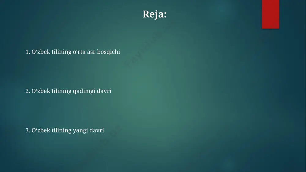 ing qadimgi davri oʻzbek tilining qadimgi davri miloddan avvalgi i-ming yillikda, yaʼni qadimgi buxoro, samarqand va margʻilon kabi shaharlar atrofida yashovchi xalqlarning dialektlari asosida shakllana boshlagan. qadimgi turkiy yozuv yodgorliklari, masalan, miloddan avvalgi ii asrga oid chorjon koʻmilishi topilmalari, oʻzbek tilining kelib chiqishi va rivojlanishini oʻrganishda muhim ahamiyatga ega. miloddan avvalgi vii asrdan boshlab, oʻrta osiyoda turkiy tillarning tarqalishi, xususan, qadimgi uygʻur yozuvi orqali 20 dan ortiq tilning taʼsiri kuzatilgan. oʻzbek tilining yangi davri oʻzbek tilining yangi davri, mustaqillikdan keyingi davrda, 1991-yildan boshlab, davlat tili sifatida oʻzining qonuniy maqomini mustahkamlab, yozma va ogʻzaki nutqda keng qoʻllanila boshladi. oʻzbek tilining yangi davri, 20-asrning 20-yillaridan boshlab, lotin alifbosining qayta joriy etilishi bilan, turkiston respublikasida yangi adabiy tilning shakllanishiga turtki boʻldi. yangi davrda, 1940-yillardan keyin, oʻzbek tilida rus tilidan 5000 dan ortiq soʻz qabul qilingan boʻlib, bu samarqand va buxoroda aniq kuzatildi. e'tiboringiz uchun rahmat @taqdimot_robot image1.png image2.png image3.png image4.png image5.png image6.png image7.png …