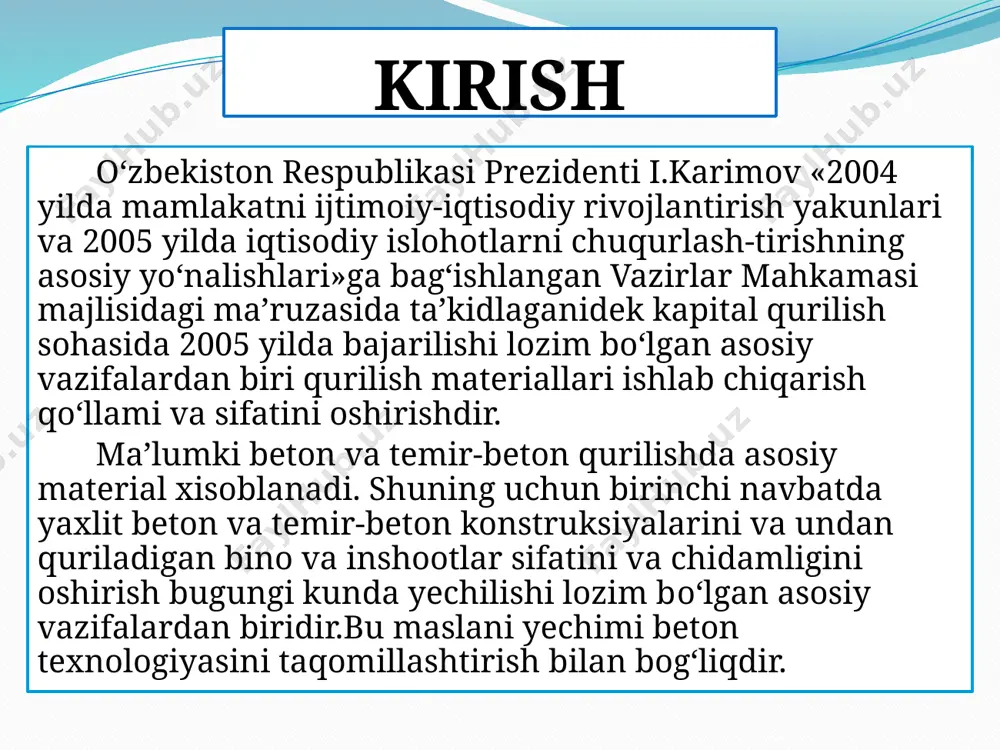 vaqti-vaqti bilan suv ta’sirida bо‘ladigan inshootlarni qurishda ishlatiladigan betonga gidrotexnik beton deyiladi. ishlatilishiga qarab, gidrotexnik inshootlar va undagi konstruktiv qismlar uchun 100 dan 250 gacha, suvning ishqalanish ta’sirida bо‘lgan qismlar uchun esa 300–500 markali gidrotexnik betonlar ishlatiladi. gidrotexnik inshootlar uchun betonning sovuqqa chidamlilik markasi sch 50, sch 100, sch 150, sch 200, sch 300 bо‘lishi kerak. suv о‘tkazmaslik darajasiga kо‘ra gidrotexnik beton s-4, s-6, s-8 kabi markalarga bо‘linadi. suv osti gidrotexnik inshootlarini betonlashda bog‘lovchi sifatida pussolan portlandsement yoki toshqol portlandsement, shuningdek, tarkibida uch kalsiyli alyuminat miqdori kam bо‘lgan portlandsement ishlatiladi. agar suv beton uchun zararli bо‘lgan tuzlar bilan tо‘yingan bо‘lsa, u holda bog‘lovchi sifatida sulfatga chidamli sement ishlatiladi. tо‘ldirgich sifatida gidrotexnik beton uchun chaqiq granit toshi, ohak-tosh, zich pemza kabi jinslardan foydalaniladi. gidrotexnik betonlar haqida qisqacha umumiy ma’lumotlar gidrotexnik obyektlarining foydalanish sharoitlariga bog‘liq ravishda, ularni qurish jarayonida turli xil guruhlarga mansub, ya’ni o‘ta yengil, yengil, og‘ir va o‘ta og‘ir betonlar …