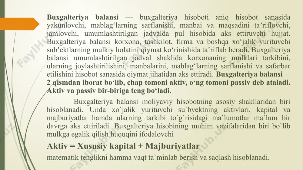 ldin sodir bo’lgan voqealar natijasida korxonaga kelib tushgan va ular kelajakda foyda keltiradigan iqtisodiy resurslardir. aktivlar uch xil xususiyatga ega bo’lishi kerak: a) kelajakdagi iqtisodiy nafni o’zida mujassamlanishi, bevosita va bilvosita pul mablag’lari yoki ularning ekvivalentlarini ko’paytirish imkoniyati; b) bu iqtisodiy naflarni nazorat qilish qobliyatini mujassamlash; v) oldingi bitimlar yoki boshqa voqealarning natijasi bo’lishi. «passiv» atamasining ildizi ham lotincha faolsiz, xolis turmoq, tushuntirish kabi so’zlarning ildizidan olingan. tarixan bu atama dastlab faqat qarzga olingan mablag’larga nisbatan, ya’ni uchinchi shaxslar oldidagi majburiyatlarga nisbatan qo’llanar edi. bu bilan mulk egasi qarzga olingan mablag’larga bo’lgan munosabatda o’zboshimchalikdan o’zini tutishi kerakligi ta’kidlangan edi. keyinchalik «passiv» atamasi manbalarning boshqa moddalariga ham tarqatilgan bo’lib, faqat korxona majburiyatlarini tavsiflabgina emas, mablag’lar turlarini qanday maqsadlarga mo’ljallanganligini ham tavsiflash uchun ishlatiladigan bo’ldi. manbalarning tarkibiy qismini majburiyatlar tashkil etadi. subyektning majburiyatlari bu oldingi amalga oshirilgan operatsiyalarning natijasi yoki kelajakda o’zida mujassamlangan iqtisodiy nafni chiqib ketishi yoki yangi majburiyatlarni vujudga kelishi …