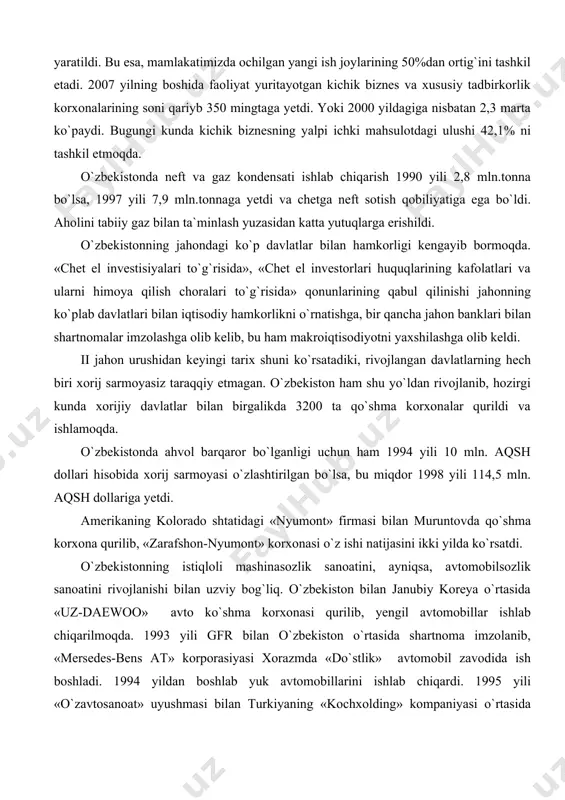 umont» korxonasi o`z ishi natijasini ikki yilda ko`rsatdi. o`zbekistonning istiqloli mashinasozlik sanoatini, ayniqsa, avtomobilsozlik sanoatini rivojlanishi bilan uzviy bog`liq. o`zbekiston bilan janubiy koreya o`rtasida «uz-daewoo» avto ko`shma korxonasi qurilib, yengil avtomobillar ishlab chiqarilmoqda. 1993 yili gfr bilan o`zbekiston o`rtasida shartnoma imzolanib, «mersedes-bens at» korporasiyasi xorazmda «do`stlik» avtomobil zavodida ish boshladi. 1994 yildan boshlab yuk avtomobillarini ishlab chiqardi. 1995 yili «o`zavtosanoat» uyushmasi bilan turkiyaning «kochxolding» kompaniyasi o`rtasida shartnoma imzolanib, 1999 yildan samarqandning so`g`diyona mavzeida avtobus zavodi qurilib, faoliyat yurita boshladi. qishloq xo`jaligida iqtisodiy islohotlar o`tkazish ham biz uchun yangilik emas. o`zbek dehqoni o`z boshidan qancha islohotlarni o`tkazmadi deysiz. natijasichi? sho`rolar zamonida «dehqonlar» termini o`z mohiyatini yo`qotdi. uncha uzoq emas, 80-yillarda kolxozchilarning bajargan ishlariga xaq to`lash normativlarida bir ish kuni (yetti soat) 20 sotix yagana qilsa, bir norma ish hisoblanib, unga 3 so`m 27 tiyin haq belgilangan. ko`z oldingizda keltiring 20 sotih yagana qilish uchun (qator orasi 60 sm bo`lganda) 3200 metr …