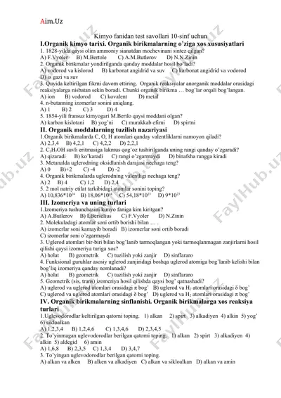 kimyo fanidan test savollari 10-sinf uchun — DOCX