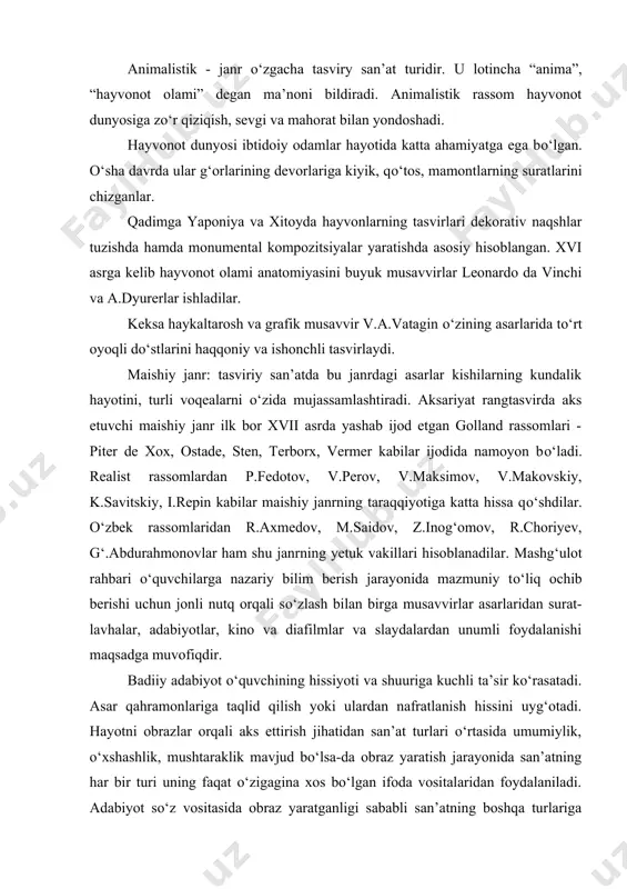 o‘zigagina xos bo‘lgan ifoda vositalaridan foydalaniladi. adabiyot so‘z vositasida obraz yaratganligi sababli san’atning boshqa turlariga nisbatan hayotni va insonni mumkin qadar to‘laroq ifodalash imkoniga ega. shuning uchun ham adabiyot inson ma’naviyatiga kuchli ta’sir ko‘rsatadi. uni boyitishi, go‘zallashtirishi, komillikka yetaklashi mumkin. so‘z san’ati. badiiy adabiyotda hayot voqealari, inson ruhiy kechinmalari, qarashlari, orzu-umidlari, o‘y-xayollari tasvirlanadi. san’atning boshqa turlari singari adabiyot ham hayot jumboqlaridan saboq beradi. lekin bu obrazli fikrlashdir. tabiiyki, bu jonlilik va ravshanlik, ta’sirdorlik va ommaviylik, noziklik va mukammallik san’atning har turida “o‘z tili” orqali ro‘yobga chiqadi. adabiyotda til, kompozitsiya, ohang, retimlar vositasida badiiy obrazlar yaratiladi. har bir badiiy asarning yaratilishida quyidagilar asosiy rol o‘ynaydi: 1. hayot. 2. uni mushohada va muhokama natijasida yozuvchi ongida tug‘ilgan fikr. 3. shu fikr (g‘oya) ni ifoda etish uchun yozuvchi tomonidan yaratilgan asar. bular hayot, uning voqealari taassurotlar orqali yozuvchining ongiga kirishi, aql ishtirokida ma’lum ma’no kasb etishi va tasavvurda pishib yetilib adabiyot asari sifatida …