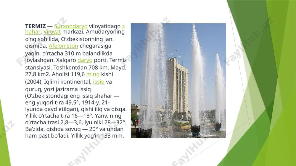 shahar bolalar sanatoriybogʻchasi va b. tibbiy muassasalarda 211 vrach, 700 ga yaqin oʻrta tibbiy xodim xizmat kiladi. undan tashqari, viloyatga karashli 3 ta kasalxona, viloyat tugʻruqxonasi, shoshilinch tibbiy yordam markazi, bolalar kasalxonasi, onkologiya, koʻz kasalliklari kasalxonalari, endokrinologiya, sil kasalliklari, teritanosil kasalliklari, narkologiya, asab kasalliklari dispanserlari, «ona va bola» va «reproduktiv salomatlik» markazlari, viloyat qon quyish markazi faoliyat koʻrsatadi. taʼlim muassasalarida, mahallalarda bolalar sportini rivojlantirish darajasini oshirish maqsadida tegishli tadbirlar amalga oshirilmoqda. termizda islom dini arboblaridan hakim attermiziy, shaxobuddin sobir termiziy, muhammad ibn hamid termiziy, abu bakr varroq termiziy kabi olimlar yashab oʻtishgan. termizda 1999-y. da alpomish dostonining 1000-yilligi, 2002-y. da xalqaro miqyosda termizning 2500-yillik yubileyi oʻtkaziddi. termizda 7 unversitet va institut bor termiz davlat unversiteti. agra unversiteti. texnika unversiteti.termiz davat pedogika unversiteti.pedagogika istituti.tisu. termiz tibbiyot unversiteti. 7akademik letsiy.2024/2025oʻquv yilida shaharda 50 ta umumiy taʼlim maktab , 2 ta ixtisoslastirilgan maktab , 1 ta prezdent maktab. dehqonchilikda foydalanadigan yerlar maydoni 284,3 …