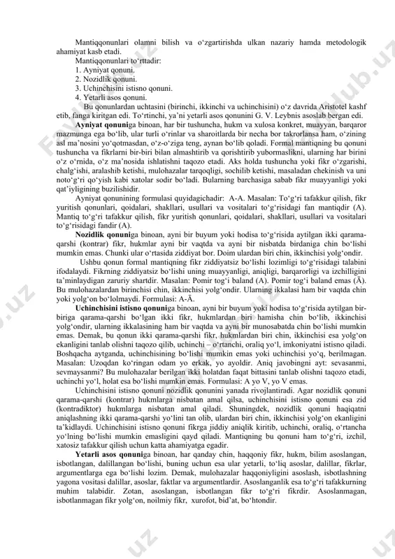 ent, qiziqish va shu kabilar) e’tibordan chetda qoldirgan holda, ular uchun umumiy, muhim belgilarni, masalan, ongga ega bo‘lish, maqsadga muvofiq holda mehnat qilish, ijtimoiy munosabatlarga kirishish kabi xislatlarni ajratib olib, «inson» tushunchasini hosil qilish mumkin. umumiy belgilarni aniqlash predmetlar o‘rtasidagi munosabatlarni, bog‘lanish usullarini o‘rnatishni taqozo etadi. turli xil predmetlar fikrlash jarayonida o‘xshash va muhim belgilariga ko‘ra sinflarga birlashtiriladi va shu tariqa ularning mohiyatini tushunish, ularni xarakterlaydigan qonuniyatlarni bilish imkoniyati tug‘iladi. masalan, yuqorida keltirilgan «inson» tushunchasida barcha kishilar bitta mantiqiy sinfga birlashtirilib, ular o‘rtasidagi muhim bog‘lanishlar (masalan, ijtimoiy munosabatlar) bilib olinadi. 2. tafakkur borliqni nafaqat bevosita, balki bilvosita tarzda ham aks ettira oladi. unda yangi bilimlar tajribaga har safar bevosita murojaat etmasdan, mavjud bilimlarga tayangan holda hosil qilishi mumkin. fikrlash bunda predmet va hodisalar o‘rtasidagi aloqadorlikka asoslanadi. masalan, bolaning xulq-atvoriga qarab uning qanday muhitda tarbiya olganligi haqida fikr yuritish mumkin. tafakkurning mazkur xususiyati, ayniqsa, xulosaviy fikr hosil qilishda aniq namoyon bo‘ladi. …