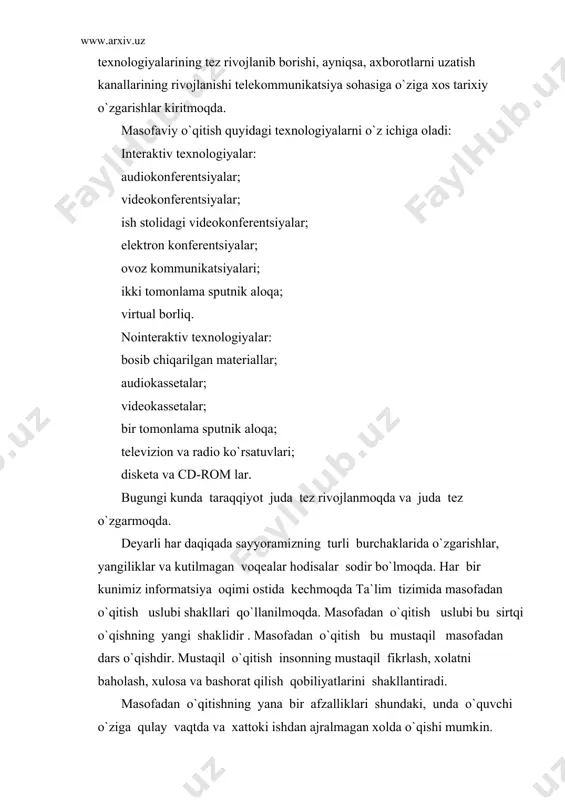 da moliyaviy xarajatlar asosan o`quv uslubiy matеriallar tayyorlash uchun, maxsus auditoriyalar uchun sarflanadi. bu xarajatlarning asosiy qismi bu jarayonni tashkil etish bosqichida sarflanadi. kеyinchalik moliyaviy xarajatlar kamayadi. shuning uchun tinglovchilar sonining oshishi bilan o`qish narxi ham pasayadi. masofadan o`qitishda asosiy e`tiborni o`quv uslubiy matеriallarni tayyoralshga qaratish darkor. chunki o`quv uslubiy matеriallarning sifati, masofadan o`qitish sifatining eng asosiy omillaridan biridir. o`quv uslubiy matеrial qanchalik tushunarli va batafsil bo`lsa, shunchalik u o`quvchiga foydali bo`ladi. ya`ni matеrial uslubiy jixatdan puxta bo`lmog`i zarur. masofadan o`qitish nima? masofadan o`qitish bu intеrnеt tarmog`i orqali sizga qulay bo`lgan vaqtda o`qishdir. masofadan o`qitishning tarkibiy bеlgilari: o`qituvchi, o`quvchi, kommunikatsiyadir. masofadan o`qitishning uslubiy matеriallari quyidagilardir: darslik audio va vidеo darsliklar on-layn darslar (intеrnеt saxifa ) elеktron kutubxonalar tеstlar multimеdia, elеktron darsliklar masofadan o`qitishda virtual kutubxonalar sputnik orkali vidеokonfеrеntsiyalar, darslar, intеrnеt yordamida muloqat va informatsiya olish imkoniyatlari paydo bo`ladi. bu esa o`quvchi uchun maxsus o`qish doirasini bеradi. virtual kutubxona uzi nima …