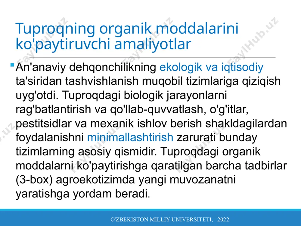 r kerak. biroq, faoliyat bir xil printsipga asoslanadi: faol organik moddalarni yaratish uchun biomassa ishlab chiqarishni ko'paytirish. faol organik moddalar foydali tuproq organizmlari uchun yashash joyi va oziq-ovqat bo'lib xizmat qiladi, ular tuproq tuzilishi va g'ovakligini shakllantirishga yordam beradi, o'simliklarni oziq moddalar bilan ta'minlaydi va tuproqning suvni saqlash qobiliyatini oshiradi. tuproqning organik moddalarini ko'paytiruvchi amaliyotlar o'zbekiston milliy universiteti, 2022 bir necha holatlar tuproqdagi organik moddalar darajasini tiklash mumkinligini ko'rsatdi (8-rasm). qoplama ekinlardan foydalanish va kuyishdan saqlanish kabi organik moddalarning to'planishi va kirib kelishiga yordam beradigan va parchalanish tezligini kamaytiradigan ishlar, masalan, minimal va ishlov bermaslik tuproq organik moddalarining ko'payishiga olib keladi (sampson va skoulz, 2000). tuproqning organik moddalarini ko'paytiruvchi amaliyotlar o'zbekiston milliy universiteti, 2022 rasm 8. paranadagi tuproqdagi organik moddalar miqdorini baholash birinchi erni tayyorlash tabiatni muhofaza qilivchi dehqonchiligni boshlash tuproqning organik moddalarini ko'paytiruvchi amaliyotlar o'zbekiston milliy universiteti, 2022 qurg'oqchilik sharoitida suvni sug'orish yoki suv yig'ish orqali ta'minlash mumkin. suv …