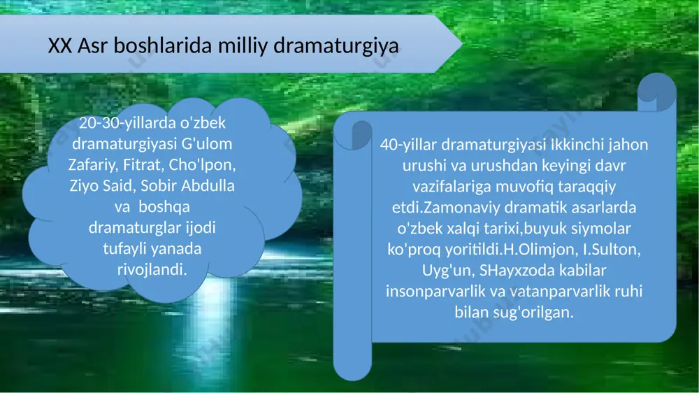 padarkush” dramasida aytilgan ilmga doir qarashlar, jaholatga qarshi ma'rifat yo'lidan yurish zarurligi bugun ham ahamiyatlidir.xulosa qilib aytganda, “padarkush” dramasi ana shunday ilm-ma'rifatga targ'ib va tashviq qilish e'tiboridan juda katta tarbiyaviy ahamiyat kasb etadi. 1. behbudiy “tanlangan asarlar” 2. behbudiy “padarkush” dramasi 3. b.qosimov “karvonboshi”maqolasi 4. edvord olvord “birinchi o'zbek dramasi”maqolasi 5. 10-sinf adabiyot darsligi 6. wikipedia.uz sayti 7. ziyonet.uz sayti foydalanilgan adabiyotlar: e'tiboringiz uchun rahmat..! image1.jpeg image2.jpeg image3.jpeg image4.jpeg image5.jpeg image6.jpeg image7.jpeg image8.jpeg image9.jpeg image10.jpeg image11.jpeg image12.jpeg image13.jpeg image14.jpeg image15.jpeg image16.jpeg image17.jpeg /docprops/thumbnail.jpeg