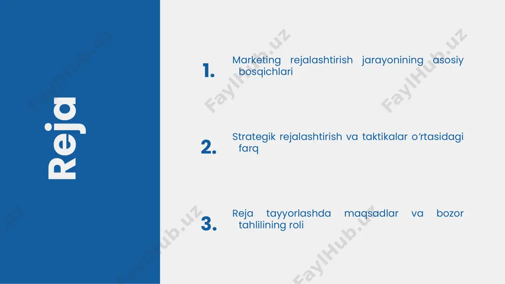 narx, joy va reklama asosida amalga oshiriladi. bu elementlar bozor talablari va raqobat muhitiga mos ravishda tahlil qilinadi va strategiyalar ishlab chiqiladi. 4p elementlari har bir 4p elementi uchun strategiyalar muayyan bozor sharoitlariga mos kelishi kerak. masalan, mahsulot uchun innovatsion va raqobatbardosh takliflar, narx siyosati uchun bozor narxlari bilan muvofiqlashtirilgan, joy uchun keng tarqalish, va reklama uchun samarali kommunikatsiya kanallari tanlanadi. strategiyalarni amalga oshirish va monitoring qilish strategiyalarni amalga oshirishda resurslarni taqsimlash, jamoa bilan ishlash va kpilarni nazorat qilish muhim. monitoring jarayonida natijalar baholanadi, kerak bo'lsa, strategiyalar moslashtiriladi va takomillashtiriladi. natijalarni baholash natijalarni baholash va tahlil qilish marketing rejalashtirishda natijalarni baholash muhim, bu kpi va metrikalar yordamida amalga oshiriladi. masalan, savdo o'sishi, mijozlar bazasining kengayishi va brend tan olinishini o'lchash mumkin. natijalar tahlili uchun swot, pest va porter's besh kuchlar modeli qo'llaniladi. bu metodlar muvaffaqiyatli sohalarni aniqlash va takomillashtirish uchun yordam beradi. natijalar va tahlil asosida kelajak strategiyalar ishlab chiqiladi. …