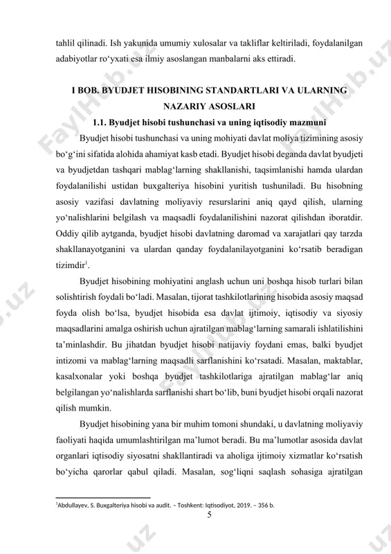 a yoki kamchiliklarning yashirilishiga olib kelishi mumkin. masalan, ayrim hollarda byudjet tashkiloti belgilangan mablag‘ni boshqa yo‘nalishga sarflab qo‘yishi mumkin, lekin to‘g‘ri yuritilgan byudjet hisobi orqali bu holat aniqlanadi. shuningdek, bu hisob turli nazorat organlari tomonidan tekshiruv o‘tkazishda asosiy manba hisoblanadi[footnoteref:2]. [2: abdurahmonov, q. davlat moliyasi: nazariya va amaliyot. – toshkent: universitet, 2021. – 412 b.] byudjet hisobi nafaqat davlat moliyaviy intizomini ta’minlaydi, balki iqtisodiy barqarorlikni saqlashda ham muhim rol o‘ynaydi. agar davlat byudjeti daromadlari va xarajatlari aniq va shaffof qayd qilinsa, bu makroiqtisodiy ko‘rsatkichlarning to‘g‘ri shakllanishiga yordam beradi. masalan, inflyatsiya darajasi, davlat qarzining hajmi yoki investitsion dasturlarni moliyalashtirish imkoniyatlari byudjet hisobi orqali tahlil qilinadi. shu bois, byudjet hisobi davlat iqtisodiyotining umumiy sog‘lomligiga ta’sir ko‘rsatadi. byudjet hisobining mohiyati shuningdek xalqaro tajriba bilan ham bevosita bog‘liqdir. hozirgi davrda ko‘plab mamlakatlar davlat moliyasi hisobini xalqaro standartlarga moslashtirishga intilmoqda. bu shaffoflikni oshirish, xalqaro investorlar va tashkilotlar oldida ishonchlilikni ta’minlash imkonini beradi. masalan, xalqaro moliyaviy …