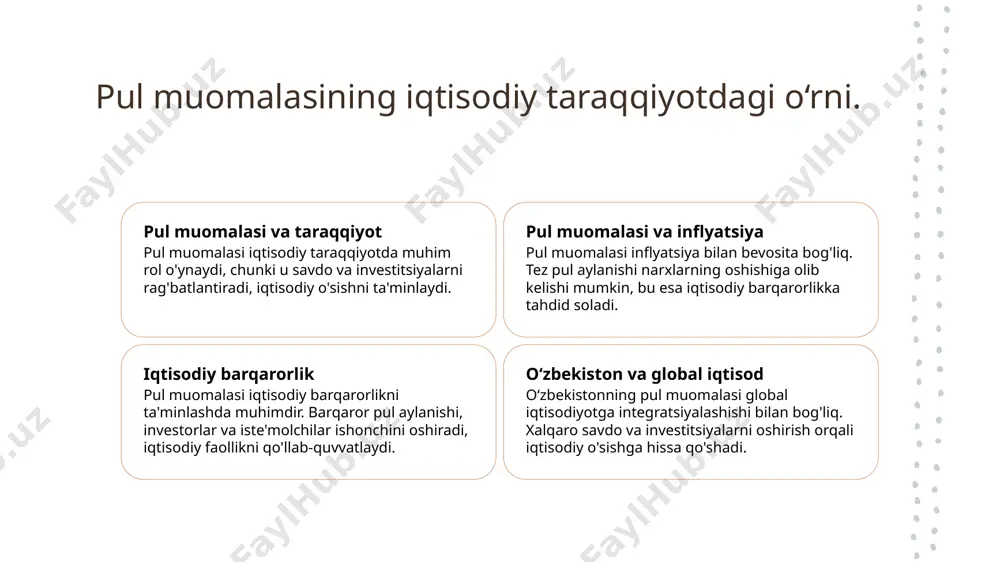 dim etish orqali moliyaviy resurslarni boshqaradi. 2 investitsiyalarni jalb qilish - banklar investitsiyalarni jalb qilishda faol bo'lib, yangi loyihalarni moliyalashtirish uchun zarur bo'lgan mablag'larni taqdim etadilar, bu esa iqtisodiy o‘sishni rag'batlantiradi. 3 kreditlarning ahamiyati - kreditlar iqtisodiy o'sishni rag'batlantiruvchi asbob bo'lib, ular ishbilarmonlarga va aholi uchun resurslarni taqdim etadi, bu esa iste'mol va ishlab chiqarishni oshiradi. 4 barqaror o‘sish - banklar orqali taqdim etilayotgan investitsiya va kreditlar, iqtisodiy barqarorlikni saqlashga yordam beradi, chunki ular moliyaviy tizimning muvozanatini ta'minlaydi. banklar va pul muomalasi: iqtisodiy barqarorlikni ta'minlash. banklar pul muomalasini boshqarishda muhim rol o'ynaydi. ular iqtisodiy barqarorlikni ta'minlash uchun kreditlarni taqdim etadi va investitsiyalarni rag'batlantiradi. banklar, shuningdek, moliyaviy nazorat va tartibga solish orqali iqtisodiyotni barqarorlashtirishda ishtirok etadi. photo by josh hild on unsplash markaziy bank va tijorat banklari o‘rtasidagi o‘zaro aloqalar. 01 markaziy bank roli markaziy bank, pul muomalasi va kredit tizimlarining boshqaruvi orqali iqtisodiy barqarorlikni ta'minlashda muhim rol o'ynaydi. 02 tijorat …