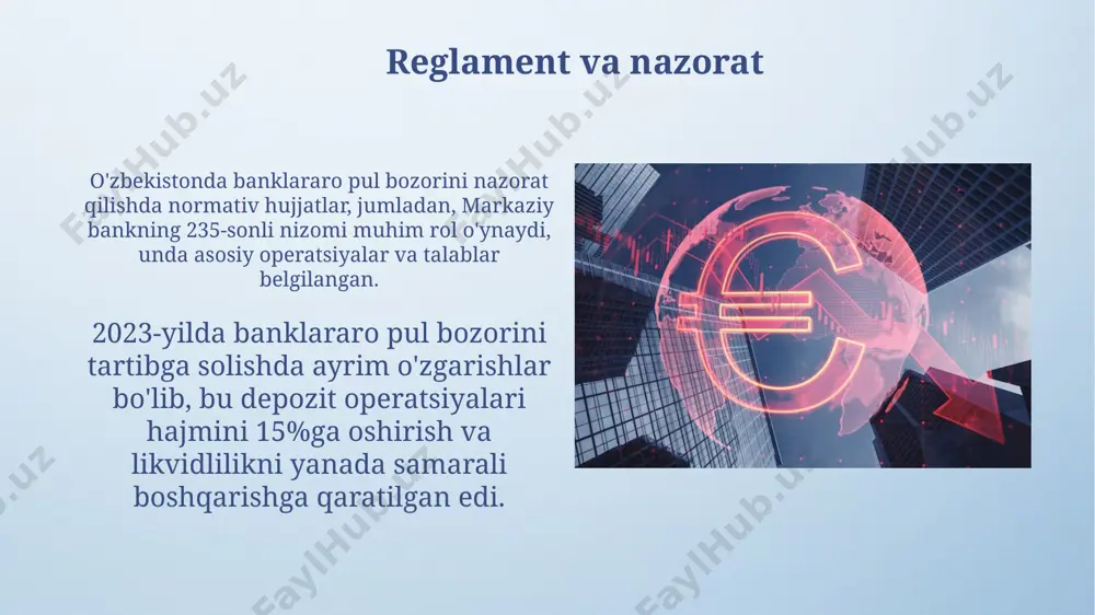 ib, kreditlash faoliyatini davom ettirishi mumkin, bu esa iqtisodiyotdagi kredit resurslarining samarali taqsimlanishiga yordam beradi. foiz stavkalarining signalizatsiya funksiyasi orqali bozorlar kelajakdagi pul-kredit siyosati yo‘nalishini ko‘rsatadi, markaziy bankning ta’sirini kuchaytirib, samarali pul transmissiyasini ta’minlaydi. banklararo pul bozorlarining global ko'rinishi yevropa pul bozori (euribor) va londonlararo pul bozori (libor) kabi asosiy stavkalar, bir qancha manipulyatsiyalardan so'ng, risk-free reference rates (rfr) ga o'tishni boshladi. global pul bozorlarida kredit xatarlari, foiz stavkalari o'zgarishi va tartibga solishlar bilan bog'liq bo'lgan turli xil xavflar mavjud, bu esa banklar uchun doimiy monitoring va risklarni boshqarishni talab etadi. kelajak istiqbollari blokcheyn texnologiyasi va markazsizlashtirilgan moliya (defi) yechimlarining integratsiyasi, kelajakda tranzaktsiyalarni 15 foizga tezlashtirib, xavfsizlikni oshirishi mumkin. kelajakda o'zbekiston banklararo pul bozorida raqamli texnologiyalarning rivojlanishi orqali operatsiyalar soni va tezligi sezilarli darajada, kamida 30 foizga oshishi kutilmoqda. xulosa banklararo bozorda kredit riskini kamaytirish uchun garov ta'minoti bilan ta'minlangan bitimlar, jumladan, repurchase agreements (repo) keng qo'llaniladi, bu esa bozor …