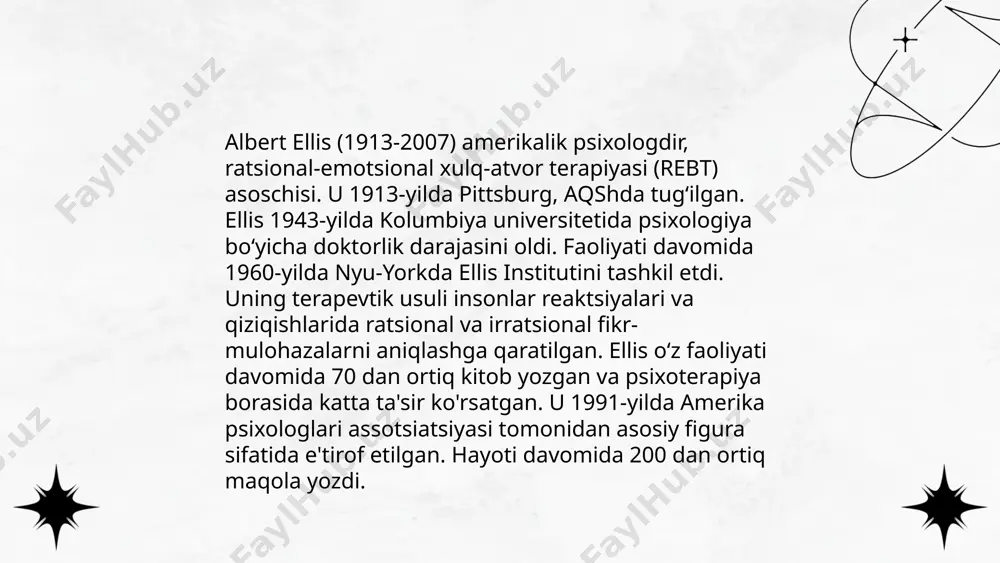 davolash usuli bo'lib, fikr va xatti-harakatlar o'rtasidagi bog'liqlikni o'rganadi. ushbu yondashuv 1960-yillarda rivojlangan va depressiya, xavotir va shaxsiy buzilishlarni davolashda samarali hisoblanadi. kognitiv-bihevioristik terapiya (kbt) mantiqiy va tizimli yondashuvni qo'llab-quvvatlaydi. kbt seanslari odatda 6 dan 20 gacha davom etadi, bu esa muammolarga moslashuvchan yondashishni ta'minlaydi. asosiy maqsad talabalarga noto'g'ri fikrlarni o'zgartirish va sog'lom xatti-harakatlar qobiliyatlarini rivojlantirishga yordam berishdir. shu sababli, kognitiv-bihevioristik yondashuv ko'pincha aniq natijalarga erishish uchun foydalaniladi va terapiya jarayonida nazorat qilish osonroqdir. ... t.me/slaydai_bot 7. dep (disfunctional emotion and psychological) modeli insonlarning ruhiy va emotsional holatlaridagi buzilishlarni tahlil qilish uchun qo'llaniladi. bu model insonning salbiy emotsiyalari va psixologik muammolari qanday paydo bo'lishi va ularni qanday boshqarish mumkinligini tushunishga yordam beradi. dep modelida stress, xavotir, depressiya kabi psixologik holatlar tahlil qilinadi. shuningdek, u shaxsning hayot sifati va kunlik faoliyatiga ta'sirini o'rganadi. bu model sog'liqni saqlash mutaxassislari uchun diagnostik vosita bo'lib, psixoterapiya va muolajalarni rejalashtirishga yordam beradi. ... t.me/slaydai_bot abc …