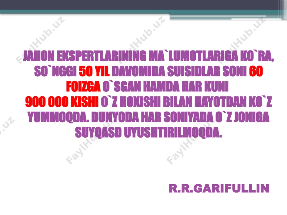 hiqilgan reja asosida amalga oshirish muddati va vositalari mavjud bo`lgan suidsidal fikr o`rta darajadagi xavf amalga oshirish muddati belgilanmagan suidsidal fikr suidsidal fikr bor, rejasi yo`q quyi darajadagi xavf quyi darajadagi xavf suisidal fikr bor, rejasi yo`q o`rta darajadagi xavf amalga oshirish muddati belgilanmagan suidsidal fikr yuqori darajadagi xavf ishlab chiqilgan reja asosida amalga oshirish muddati va vositalari mavjud bo`lgan suisidal fikr suisid – global va fojeali muammo, 2020 yilga kelib, butun dunyoda o`lim sababi bo`yicha birinchi o`rinda yurak qon-tomir kasalliklari tursa, suisid ikkinchi o`rinni egallaydi . chaosovskiy grigoriy andreivich(2009) suisidal tendensiyalar va harakatlar profilaktikasi ota-onalar, pedagoglar va o`quvchilar bilan individual konsultatsiyalar tashkil etish; “xavfli guruhlar” da autoagressiv harakatlar psixologik faktorlari diagnostikasini o`tkazish; emotsianal uzilishlar profilaktikasi uchun trening elementlarining faol shakllari asosida individual va guruhiy mashg`ulotlar o`tkazish; ekstremal holatlarning oldini olish uchun psixologik bilimlarni shakllantirish. suidsidal qo`zg`alishlarda o`z-o`zini korreksiya qilish uchun texnotron psixotexnologiya 2009 yilda suneo sudzuki – individual psixoemosional …