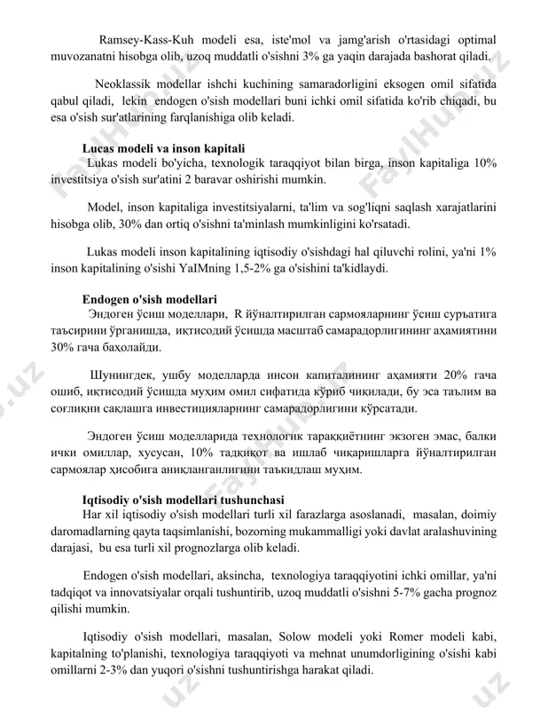 ashorat qiladi. neoklassik modellar ishchi kuchining samaradorligini eksogen omil sifatida qabul qiladi, lekin endogen o'sish modellari buni ichki omil sifatida ko'rib chiqadi, bu esa o'sish sur'atlarining farqlanishiga olib keladi. lucas modeli va inson kapitali lukas modeli bo'yicha, texnologik taraqqiyot bilan birga, inson kapitaliga 10% investitsiya o'sish sur'atini 2 baravar oshirishi mumkin. model, inson kapitaliga investitsiyalarni, ta'lim va sog'liqni saqlash xarajatlarini hisobga olib, 30% dan ortiq o'sishni ta'minlash mumkinligini ko'rsatadi. lukas modeli inson kapitalining iqtisodiy o'sishdagi hal qiluvchi rolini, ya'ni 1% inson kapitalining o'sishi yaimning 1,5-2% ga o'sishini ta'kidlaydi. endogen o'sish modellari эндоген ўсиш моделлари, r йўналтирилган сармояларнинг ўсиш суръатига таъсирини ўрганишда, иқтисодий ўсишда масштаб самарадорлигининг аҳамиятини 30% гача баҳолайди. шунингдек, ушбу моделларда инсон капиталининг аҳамияти 20% гача ошиб, иқтисодий ўсишда муҳим омил сифатида кўриб чиқилади, бу эса таълим ва соғлиқни сақлашга инвестицияларнинг самарадорлигини кўрсатади. эндоген ўсиш моделларида технологик тараққиётнинг экзоген эмас, балки ички омиллар, хусусан, 10% тадқиқот ва ишлаб чиқаришларга …