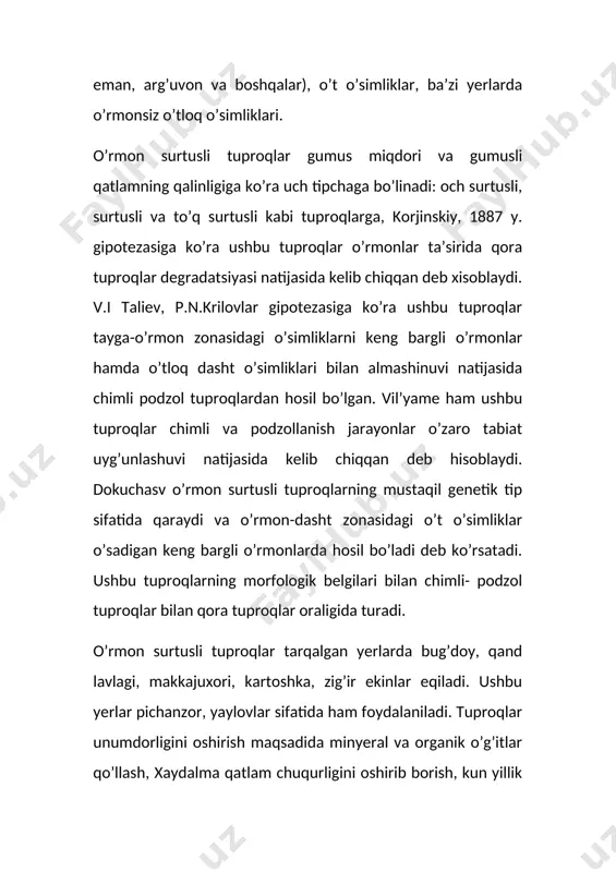 bo’lishining o’ziga хos хususiyatidir. syernam sharoitda organik moddalar torfga aylanadi. moddalarning qaytarilish reaksiyasi jarayonlarining rivojlanishi natijasida tuproqda gleylanish yuzaga keladi. tundra tuproqlari uchun profil 30-60sm - qalin bo’lmasligi haraktyerlidir.tundra zonasida - zonal tip tundra - gleyli, tuproq. shu bilan birga - botqoq gleyli, botqoq - torf-gleyli, chimli-o’tloq, podzol-gleyli va torfli podzol-gleyli tuproqlar uchraydi. tuproqlar kislotali va kuchli kislotali reaksiyaga ega asoslar bilan to’yinishi -20-70 %. gumus miqdori 2-7,5 %, oziqa elementlarga kambag’al. ushbu tuproqlar asosan shimoliy bug’uchilik uchun em-хashak bazasi hisoblanadi. yopiq va ochik gruntlarda sabzavot eqiladi. tuproq unumdorligini oshirish uchun tuproqning biologik faolligini oshirish, issiqlik va ozuqa rejimlarini yaхshilashga qaratilgan tadbirlar o’tkazish. . tayga o’rmon-zonasi shimoldan tundra, janubda-o’rmon dasht zonasi bilan chegaralanadi. uning maydoni - 1150 mln.ga ni tashkil qiladi va g’arbdan-sharqqa, shimoldan-janubga qarab juda katta maydonga cho’zilib ketganligi sababli, tabiiy sharoiti ham хilma-хil. iqlimi mu’tadil sovuq va etarli darajada namlangan bo’lib, g’arbiy qismi yumshoq-iqlimli, sharkqa borgan sayin qurg’oqlashib …