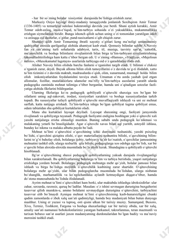 nda keyingi taraqqiyot va istiqbol hamda musta-qilligining ijtimoiy, iqtisodiy, siyosiy, xuquqiy, madaniy-ma’naviy zaminlarini mustaxkamlash uchun yosh avlodga dunyo standartlari talabi darajasida bilim berishimiz zarurdir. demak, o`qituvchi pedagoglar oldida turgan eng muhim va dolzarb muammolardan biri - o`zbeksiton xududida yashovchi har bir fuqaroni, har bir millat, elat kishilarini tarbiyalash mustaqil respublikamizning ongli fidoyisiga, ularning farzandlarini barkamol insonlar qilib tarbiyalashga o`zlarida bor kuch quvvatalrini va bilimlarni berishlari lozim. chunki jamiyat manfaati yulida barcha bilim, qobiliyati va iste’dodini baxshida etishga tayyor turgan etuk o`qituvchilar, uddaburon yoshlar, fidoyilarni tarbiyalash zarur. yuqoridagi fikrlardan ko`rinib turibdiki, yosh avlodni tarbiyalab etishtirish muqaddas burchimiz, or-nomusimiz. yoshlarimizni tarbiyalash uchun birinchi galda sharq mutafakkirlarining duru-gavhariga teng ma’naviy meroslari misol bo`la oladi. abu nasr farobiy, axmad yassaviy, baxouddin naqshbandiy, imom al-buxoriy, abu rayxon beruniy, abu ali ibn sino, al-xorazmiy, al-fargoniy, firdavsiy, amir temur, navoiy va bobur singari jahonga taniqli va shular singari boshqa aql ega-larining ijtimoiy-siyosiy, falsafiy ta’limotlariga tayanib ish ko`rilsa …