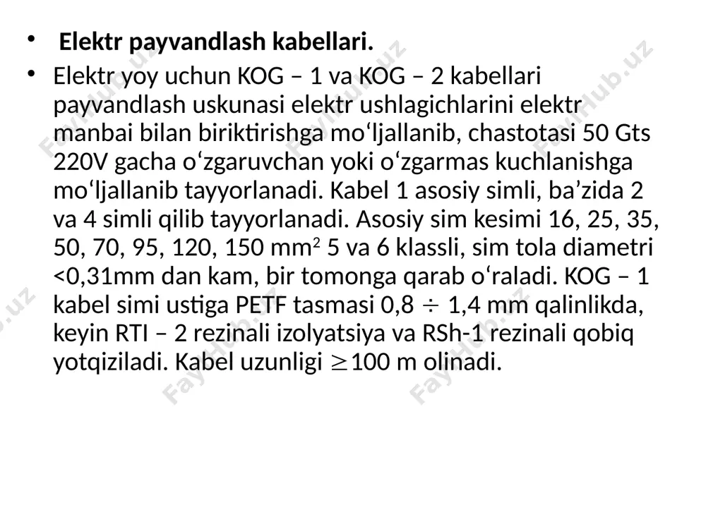 hlanishi 660 v chastotasi 50 gts asosiy sim orqali va 220 v qo‘shimcha simlarda beriladi. kabel uch asosiy, bitta yerlovchi va bitta qo‘shimcha simlarga ega, ular kesim yuzalari sas=sqo‘sh=3,10 (3,16; 3,25), syer=6 (110) mm2 ga teng. izolyatsiya qalinligi 2,0-2,2 mm, qoplamasining qalinligi 3,5-4,0 mmga teng. juda egiluvchan kpgu kabeli siljuvchan kran ta’minotida 0,66 kv kuchlanishli chastota 400 gts gacha va 1 kv gacha o‘zgarmas kuchlanishli qilib tayyorlanadi. kabel 3 simli, kesimi 95 – 150 mm2 yoki 3 asosiy va 1 yerlovchi simga ega: asosiy sim 95 mm2 – qo‘shimcha sim 25 mm2; asosiy sim 120 mm2 – qo‘shimcha 35 mm2 va asosiy sim 150 mm2 – qo‘shimcha 50 mm2. izolyatsiya qalinligi 1,8 – 2,0 mm rti – 1 rezinasi asosida bajariladi; yerlovchi sim izolyatsiyasi qalinligi 25 mm2 da – 5,0 mm, 35 mm2 da - 5,5 mm, 50 mm2 da – 6,5 mm olinadi. asosiy simlar izolyatsiya ranglari farqli, yerlovchi …