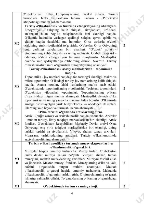 haqida. toponimika - joy nomlari haqidagi fan tarmog‘i ekanligi. makro va mikro toponimlar. o‘lkadagi tarixiy joy nomlarining kelib chiqishi haqida. atama nomlar, kishi ismlarining ma’no kasb etishi. o‘zbekistonda toponimikaning rivojlanishi. toshkent toponimlari. o‘zbekiston viloyatlari toponimlari. toponimikaning o‘lkani o‘rganishdagi tutgan muhim ahamiyati. mustaqillik davrida o‘lka toponimikasi va uning yangicha mazmun bilan boyishi. o‘lkamizda amalga oshirilayotgan yirik bunyodkorlik va obodonchilik ishlari. ularning xalq hayoti va turmushi uchun ahamiyati. 2 m9 o‘lka tarixini o‘ganishda arxivlarning o‘rni. arxiv - (hujjat asrov) va arxivshunoslik haqida tushuncha. arxivlar – muhim tarixiy, ilmiy-tadqiqot markazlaridan biri ekanligi. arxiv fondlari, o‘zbekiston respublikasi markaziy davlat arxivi o‘rta osiyodagi eng yirik tadqiqot markazlaridan biri ekanligi, uning tashkil topishi va rivojlanishi. viloyat, shahar tuman arxivlari. muassasa, tashkilotlaming arxivlari. tarixiy o‘lkashunoslikda arxivshunoslikning ahamiyati. 2 m10 tarixiy o‘lkashunoslik va turizmda muzey eksponatlari va o‘lkashunoslik to‘garaklari. muzeylar haqida umumiy tushuncha. muzey turlari. o‘zbekiston tarixi davlat muzeyi zallari bo‘ylab. viloyat, shahar, tuman muzeylari, maktab muzeylarining vazifalari. …