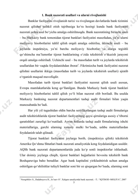 , ta’kidlash joizki nazorat mohiyatini falsafiy talqinida uning funktsiyalaridan chiqarmoq zarur edi. lekin, amaliy tajribalardan ko‘rinadiki, nazorat mohiyati uning bosh maqsadi va shu maqsad yo‘lida olib boradigan nazorat usullarini yuzaga keltiruvchi vazifalarida aks etadi. bosh maqsad bank mohiyatidagi kamchiliklarni bartaraf etib, bank tizimining barqarorligini oshirish natijasida bank omonatchilari va kreditorlari manfaatlarini himoya qilishdan iborat ekan, nazoratning oldiga qo‘yilgan vazifalari uning usullari oldiga qo‘yilgan maqsadga muvofiq ravishda o‘zgaradi. lekin, har qanday o‘zgarish bosh maqsaddan chetga chiqmaydi, balki uni boyitib, yanada to‘ldirib boradi. agar biz jahon mamlakatlari kredit tizimining tarixiy rivojiga nazar solsak, bank va ular mijozlarining ko‘p bor xonavayron bo‘lganiga guvoh bo‘lamiz. bu esa o‘zbekistonda bank ustidan davlat nazorati o‘rnatilishi zarurligiga olib keladi. jahon tajribasidan keng o‘rin olgan masofadan turib nazorat o‘rnatish bank faoliyatiga oid moliyaviy va boshqa hisobotlarni tahlil qilish hamda tekshiruvdan o‘tkazishni ko‘zda tutadi. hisobotlar balans, foyda va zararlar haqidagi hisobot, faoliyat turi, kreditlar, qo‘yilmalar, majburiyatlar, kapital, likvidlik, ssudalar …