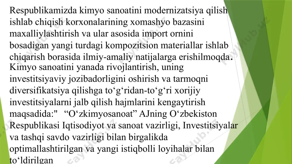 l bo'lishi bilan bog'liq. bunday tok sig'im yoki zaryad toki deyiladi. tomchilaydigan simob elektrodi uchun sig'im tokning qiymati turg'un elektrodga ko'ra kattadir, chunki har bir yangi simob tomchisi qayta zaryadlanadi. sig'im tokining qiymati 101a/v atrofida bo'lib, u polyarografik usulning sezuvchanligini cheklaydi. agar depolyarizatorning konsentratsiyasi 105 m dan kam bo'lsa, sig'im toki polyarografik to'lqinni shunday deformatsiyalaydiki, uni tahlil uchun ishlatish qiyin b o 'lib qoladi. s ig 'im tokining yo'nalishi elektrodga berilgan potensial elektr kapillyar egri chizig'ining nol nuqtasi (a) potensialidan qanchalik musbat yoki manfiy ekanligiga bog'liq katod va anod toklari orasidagi egilishning farqi anionlarning kationlarga ko'rak o'proq deformatsiyalanishi bilan tushuntiriladi. tez chizig’li yoyiladigan potensialli voltamperometriva elektron sirtida har qanday qaytariladigan modda polyarografik usul yordamida aniqlanishi mumkin. bundan tashqari, tomchilaydigan simob elektrodi sirtida elektr kimyoviy reaksiyaga kirishmaydigan moddalarni ham adsorbsiya hodisasidan foydalanib, aniqlash mumkin. polyarografiya analitik kimyodan tashqari metallurgiya, geologiya, tibbiyot va boshqa sohalarda, kimyo sanoatida keng q o ‘llaniladi. polyarografiya …