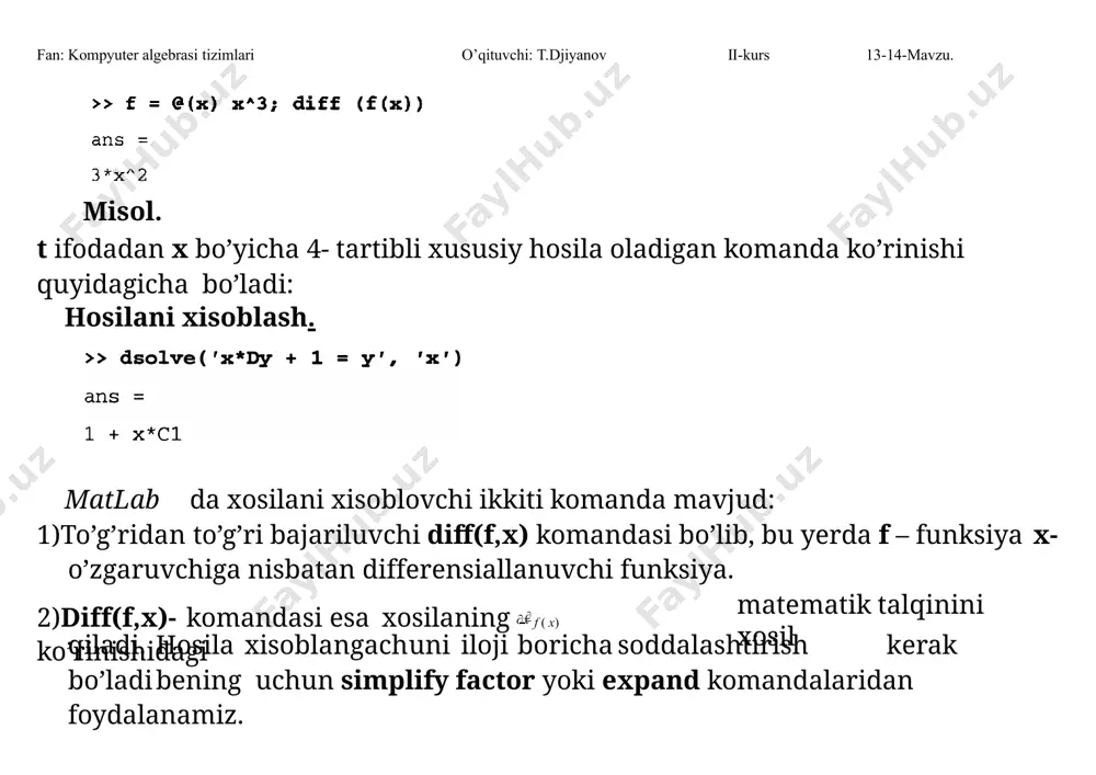 . need to know the sign of --> a fan: kompyuter algebrasi tizimlari o’qituvchi: t.djiyanov will now try indefinite integration and then take limits. natijaga ega bo’lamiz. ii-kurs 13-14-mavzu. bu usul bilan parametrga bog’liq integral hisoblanmaydi. integralni xisoblashda oshkor analitik natijani olish uchun parametrlar haqida qandaydir faraz qilish kerak, ya’ni ularga qo’shimcha shartlar qo’yiladi, buni assume(expr1) komandasi orqali amalga oshirish mumkin, bu yerda expr1 – tengsizlik. qo’shimcha shartlar additionally(expr2) komanda yordamida kiritiladi, bu expr2 – ikkinchi tengsizlik. parametrga shartlar qo’yilgandan so’ng matlab uning oldiga (~) simvolini o’rnatadi, masalan a parametrga biror shart qo’yilgan bo’lsa,u a~ ko’rinishini oladi. a parametrga qo’yilgan shartlarni about(a) komandasi orqali chaqirish mumkin. misol: a parametrga a>-1, a3 shartlarni qo’yamiz: > assume(a>-1); additionally(a about(a); originally a, renamed a~: is assumed to be: realrange(open(-1),3)  yuqoridagi eax dx integralni hisoblashga qaytamiz. : 0 > assume(a>0); >int(exp(-a*x),x=0..+infinity)=int(exp(-*x),x=0..+infinity); fan: kompyuter algebrasi tizimlari o’qituvchi: t.djiyanov ii-kurs 13-14-mavzu. 1 a ~  …