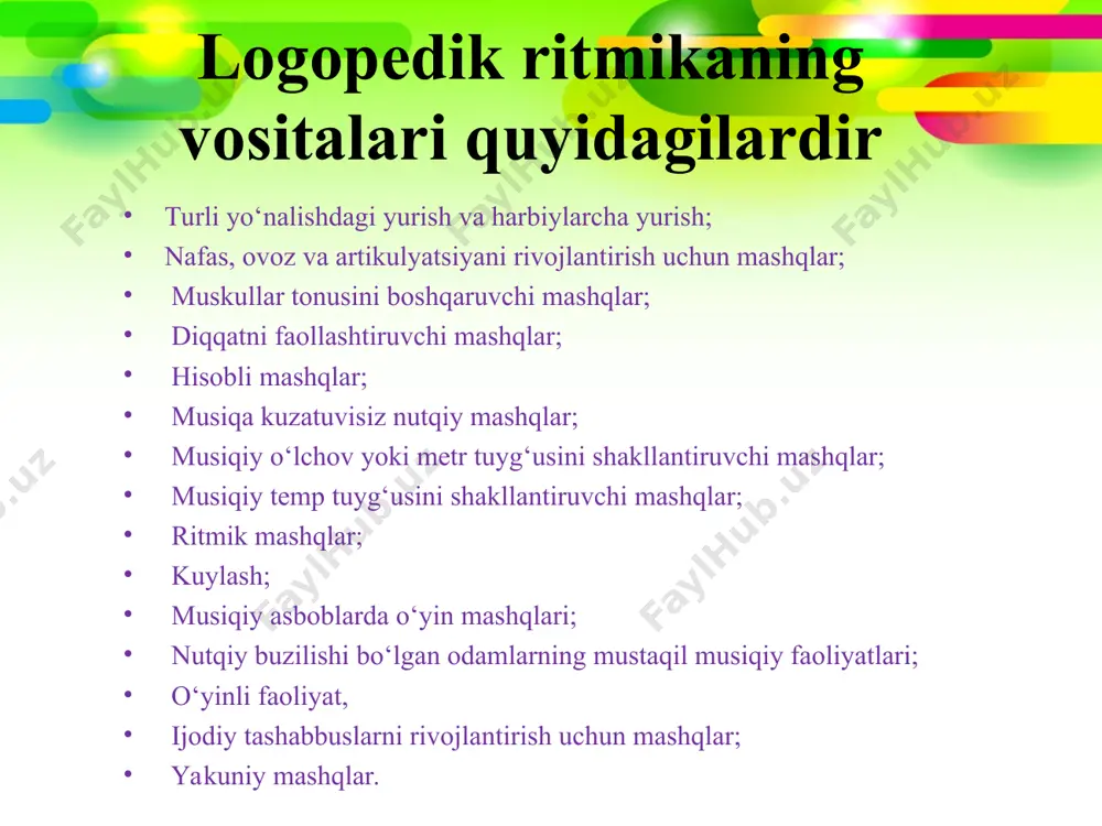 adi. mashg‘ulotlarda yurishning quyidagi ko‘rinishlaridan foydalanish mumkin: doira bo‘yicha to‘xtash bilan birining ketidan boshqasi. bolalar pedagog ortidan tovushli signalga (baraban, hisob va h.k. ostida) qat’iy muvofiq holda boradilar. yurishning vaqtinchalik bo‘linishi shug‘ullanuvchilar tovushka reaksiya qilishlari uchun turlicha bo‘lishi kerak; birining ketidan boshqasi qo‘lida bayroq tutgan holda. bolalar qadamlar taktiga bayroqlarni erkin va keng silkitadilar; qo‘li bilan arqonni tutgancha, yo‘nalishni o‘zgartirib,birining ketidan boshqasi. pedagog yo‘nalishni o‘zgartirish bilanbolalarning burilishi ravon, sokin, yurish tempi esa sekin bo‘lishiga e’tibor qiladi; kubiklar orqali hatlash bilan. besh yoki oltita kubik bir biridan 35-40 sm. masofada qo‘yiladi. bolalar navbati bilan 2 yoki 3 marta kubiklar orqali hatlaydilar; yo‘g‘on arqon bo‘yicha qo‘shimacha qadamlar bilan yonlamasiga birining ketidan boshqasi. yurishda oraliq 3 m atrofida bo‘ladi; arg‘imchoq bo‘yicha. mashq muvozanatni mashq qilishga mo‘ljallangan. mashqni boshlashdan avval pedagog arg‘imchoqni bola arg‘imchoqqa oyog‘ini qo‘yishi uchun bola tomonga qiyshaytiradi. keyin pedagog bolani qo‘lidan tutgan holda arg‘imchoq bo‘yicha o‘tishga yordamlashadi va boshqa tomonga olib …