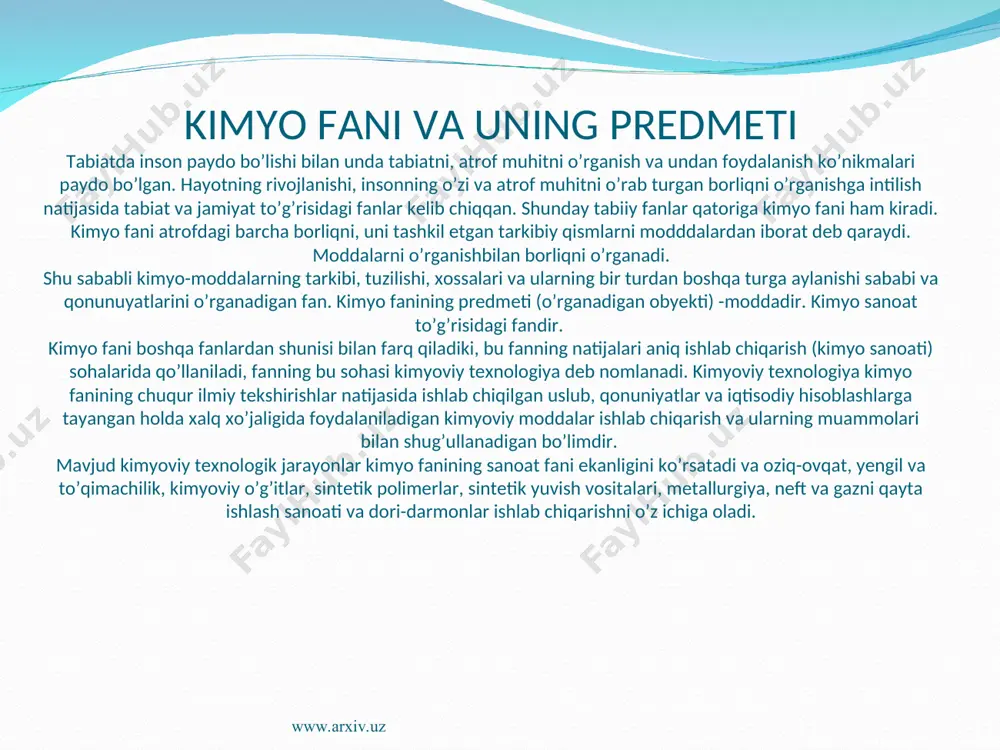 ulyar ta’limotni bilish; -anorganik birikmalarning eng muhim sinflari: oksidlar, asoslar, kislotalar va tuzlarning tarkibi, xosalari, qo’llanilishi hamda ular orasidagi genetik bog’lanishni bilish; -atom yadrosi tarkibi, elementlar zarrachalarini bilish; -kimyoviy elementlar davriy qonuni va davriy sistemasini bilish; -kichik va katta davr elementlarining atom tuzilishlarini hamda elektron formulalarini tasavvur qila olish; -elektronlarni yadro atrofida harakatlanishini, kvant sonlari haqida tasavvurga ega bo’lish; -yadro reaksiyalari va sun’iy radioaktivlik haqidagi tushunchalarga ega bo’lish; -kimyoviy bog’lanish turlarini bilish; -kimyoviy reaksiyadagi asosiy qonuniyatlarni anglash; -kichik davrda joylashgan kimyoviy elementlar tavsifini bilish; -kislota, ishqor, tuzlarning dissotsiatsiyalanishini yoza olish; -ion almashinish tenglamalarini yoza olish; -metall va metallmaslarning ayrim vakillari (vodorod, kislorod, galogenlar, oltingugurt, azot, fosfor, uglerod, kremniy, ishqoriy metallar, kalsiy, magniy, alyuminiy, temir ) xossalari va qo’llanilishini bilish; -buyuk allomalarimiz va ularning kimyo rivojiga qo’shgan hissalari haqida tasavvurga ega bo’lish; www.arxiv.uz www.arxiv.uz o’zbekistonda olinadigan kimyoviy xom ashyolar va ularning mohiyatini anglash; -organik moddalarning tuzilish nazariyasini tushuntira olish; -organik birikmalarning …