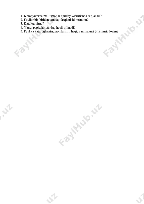 da keng qo'llaniladigan dos - 3.3 operatsion sistemasida esa fayl nomi 37taga cha belgiga ega bo'lib, unda lotin harflari bilan bir qatorda kirill harflari ham ishlatilishi mumkin. fayl nomining kengaytmasini yozish majburiy emas, lekin u faylda saqlanayotgan ma`lumot turini bildirgani sababli, undan foydalanishda qulaylik tug'dirad i. ko'pgina dasturlar fayl nomi kengaytmasini o'zlari qo'shib yozadilar. bu kengaytmadan mazkur fayl qaysi dastur tomonidan tashkil etilganini bilib olish mumkin. masalan: com, exe - kompyuter "tili"ga o'girilgan dasturlar yoki buyruqlar ketma - ketligini o'z ichiga olgan fayllar kengaytmasi; bat - buyruqlar majmuini o'z ichiga olgan fayllar; bas - beysik dasturlash tilida yaratilgan dastur; pas - paskal dasturlash tilida hosil qilingan dastur; chi - chiwriter matn muharririda hosil qilingan matn. bat kenga ytmali fayllar, ya`ni buyruq fayllari matn ko'rinishida bo'lib, u operatsion sistema buyruqlaridan tuziladi. bunday fayllar ketma - ket bajarilishi lozim bo'lgan bir nechta buyruq yoki fayllarni har safar qaytadan yozmaslik uchun tashkil qilinadi. …