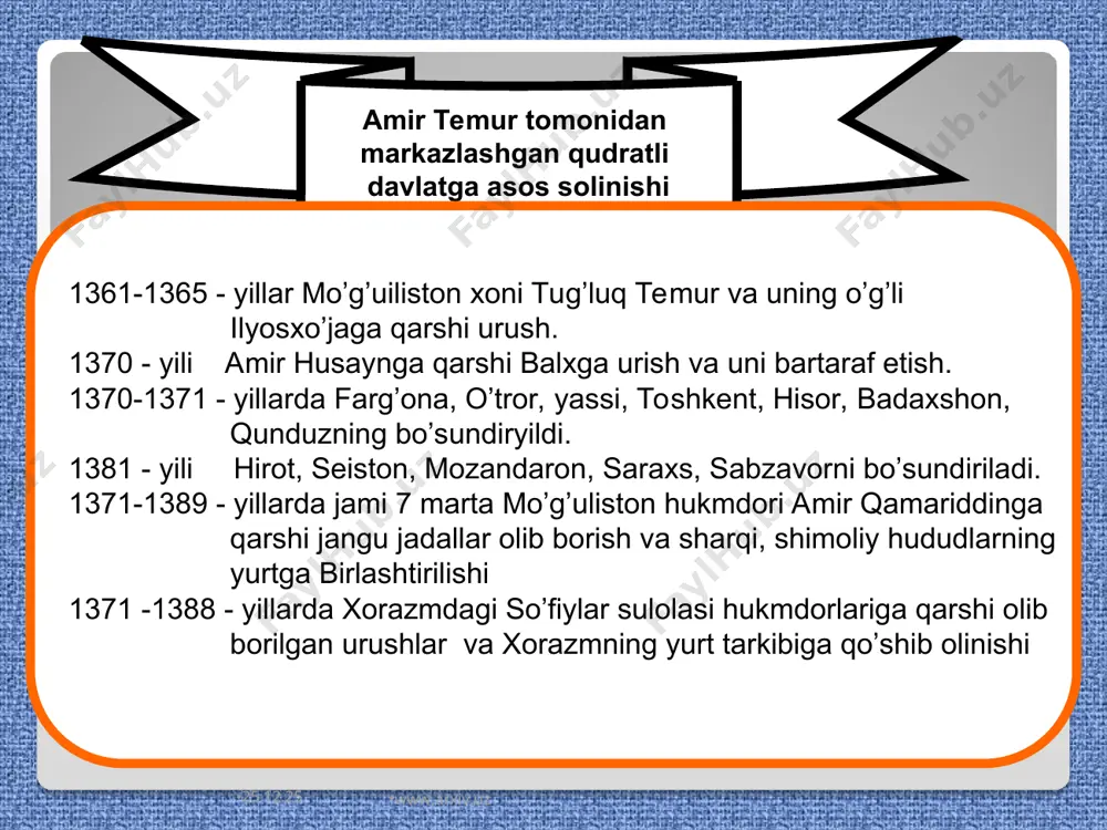 iymon, g‘oyat yuksak ma’naviyatparvarlik va millatparvarlik ila anglamog‘i kerak. amir temur bu milliy davlatchilik asoslarini rivojlantirish bilan birga yangidan qo‘shgan muhim to‘qqizinchi asos, u ham bo‘lsa jamiyat rivojida barcha ijtimoiy tabaqalar faoliyatini nazarda tutish va ularning manfaatlarini ta’minlashdir. amir temur o‘zigacha shakllangan o‘zbek davlatchiligining quyidagi 8ta asoslariga izchil amal qildi: * www.arxiv.uz www.arxiv.uz 1xiroj (yer solig’i) 2.ushr (daromadning o’ndan bir qismi), tamg’a (savdo- sotiq, hunarmand ahlidan olinadigan soliq) 3.zakot, 4.tutun solig’i, bug’ solig’i, uloq (davlat xizmatidagilar uchun), dorug’ona (harbiy qo’riqchilar uchun), 5. mirobona (suv yetkazib beruvchilar uchun), 6. asoq (chorva mollari uchun) 7. begor (davlat hisobiga ishlab berish: saroy qurilishi, ariq, kanallar qazish uchun) temuriylar davrida aholi to’laydigan turli-tuman soliqlar * www.arxiv.uz www.arxiv.uz amir temur va temuryilar davrida bunod etyilgan me’mori obidalar va bog’lar samarqandda: go’ri amir maqbarasi shohi zinda ansambli majmui ko’k saroy bo’stonsaroy bibixonim masjidi va madrasasi ulug’bek madrasasi ulug’bek rassadxonasi bog’u dyilkusho bog’i behisht bog’i jahonaro bog’i …