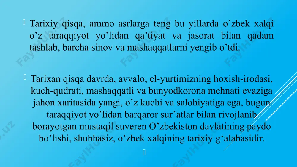 ashish maqsadida tashkil etildi. qarorda jamoatchilik kengashining asosiy vazifalari aniq ko’rsatib qo’yilgan: o’zbekistonning eng yangi tarixini o’rganishni tashkil etish, o’zbek xalqining tarixiy o’tmishi va bugungi kuniga baho berishda bir yoqlama yondashuvlarga yo’l qo’ymaslik. prezident sh.mirziyoyev: “tarix guvoh, hayotda shunday adolatsizliklar ham bo’lar ekan. agar har bir xalq, har bir davlat mustaqil bo’lmasa, boshqalar nafaqat dehqonini, nafaqat ishchisini, xattoki shoir-u olimini ham, davlat arbobini ham istagancha tahqirlashi, insoniy sha’nini tuproqqa qorishi mumkin ekan” degan edilar. e’tiboringiz uchun rahmat!!!! image1.jpeg image2.jpeg image3.png image4.png image5.png image6.png image7.emf /docprops/thumbnail.jpeg