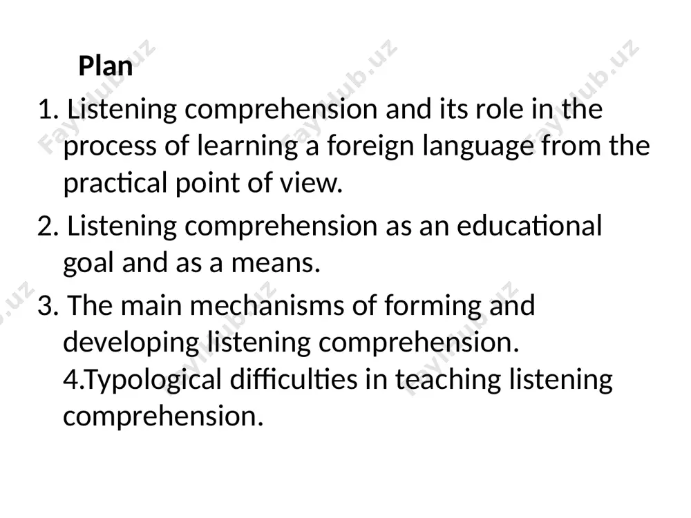 tter than when they speak on the phone or listen to the radio. during face to face talk mimes, gestures, moves of the lips and eye contact makes it easy to understand. difficulties in listening when auding a fl pupils should be very attentive and think hard. they should strain their memory and will power to keep the sequence of sounds they hear and to decode it. not all the pupils can cope with the difficulties entailed. the teacher should help them by making this work easier and more interesting. this is possible on condition that he will take into consideration the following three main factors which can ensure success in developing listening skills. linguistic material the content of the material suggested for listening conditions in which the material is presented. listening comprehension can be ensured when the teacher uses the material which has already been assimilated by pupils. however …