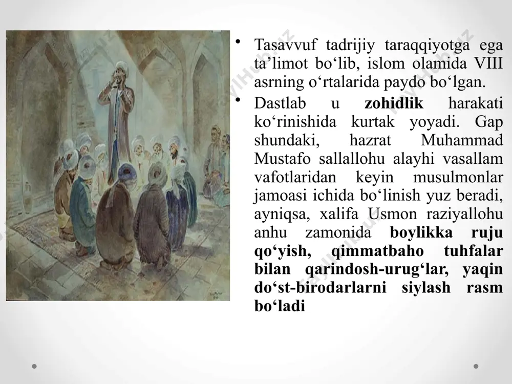 a’i, ya’ni past himmatni tark etish va noxush qiliqlarni qilmaslik. ko‘ngil man’ etgan jamiki narsalardan parhez qilish, tama’dan saqlanish, mahrumlikdan qo‘rqishdan hazar qilish. hullas, tilga ko‘zga, qo‘loqqa va oyoqqa band solish. zuhd – vara’ning davomi hisoblanadi, bu ham parhez qilish demakdir. ammo bunda taom va ichimlikdan saqlanish, halol va haromni ajratishga alohida ahamiyat beriladi. zuhd so‘fiy uchun dunyo va oxirat tarki, dunyo moliga ega bo‘laman deb intilmaslikdir. hadis: kimki dunyodan parhesz etsa, uning qalbi tajalliyot nuri kiradigan joyga aylanadi. junayd bag’dodiy so‘zi: «zuhd – qo‘lni mulkdan xoli tutish, dilni esa haqdan o‘zga har narsadan pok saqlash damak». imom g’azzoliy deydi: «zuhd dunyodan ixtiyoriy ravishda voz kechish va buning uchun qayg’urmaslikdir». faqr – ma’nosi qashshoqlik, benavolik. so‘fiylar nazdida ulug’vor ilohiy mohiyat kasb etish bo‘lib, xudoga bandalikni sidqidildan oliy darajada bajo keltirish, bandalikdan sharaf topish, niyozmandlik va talabgorlikda yo‘ldagi tuproq misol nomu nishonasiz bo‘lish, iloh nazdida o‘zini zarra, balki zarradan ham kam …