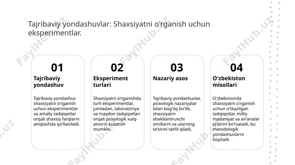 ar o'zbekiston madaniyatida shaxsiy farqlar, milliy an'analar va qadriyatlar orqali shakllanadi, bu esa shaxsiyatni tushunishda muhim omil hisoblanadi. shaxsiyat tahlilida individual farqlarni hisobga olish. 1 shaxsiy farqlarni aniqlash shaxsiyat tahlilida individual farqlarni aniqlash, odamlarning xulq-atvorini va fikrlashini tushunishga yordam beradi, shaxsiy rivojlanish uchun muhimdir. 2 psixologik yondashuvlar psixologik yondashuvlar individual farqlarni o'rganish uchun muhimdir. ular orqali har bir shaxsning o'ziga xos xususiyatlari aniqlanadi va tahlil qilinadi. 3 madaniyat va shaxsiyat madaniyat shaxsiyatga ta'sir qiladi, shuning uchun tahlil jarayonida milliy va madaniy kontekstni hisobga olish zarur. o'zbekiston misoli buni ko'rsatadi. 4 o'zaro ta'sirlar individual farqlar shaxslararo munosabatlarda muhim rol o'ynaydi. ular muloqot, hamkorlik va ijtimoiy aloqalarni shakllantirishda ta'sir ko'rsatadi. madaniyat va shaxsiy farqlar: o'zbekiston misolida. o'zbek madaniyati o'zbek madaniyati, an'analari va qadriyatlari shaxsiyatni shakllantirishda muhim rol o'ynaydi, bu esa shaxsiy farqlarga ta'sir qiladi. shaxsiy farqlar o'zbekistonda shaxsiy farqlar, odamlarning ta'lim, oilaviy vaziyat va ijtimoiy muhitga asoslangan holda farq qiladi, bu esa …