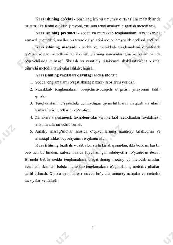 o‘llash qobiliyatlarini rivojlantiradi. tenglama deganda noma’lum sonni aniqlashga qaratilgan matematik ifoda tushuniladi. uning asosiy mazmuni shundaki, tenglamada noma’lum ishtirok etadi va tenglikning to‘g‘riligini ta’minlaydigan sonni topish talab qilinadi. masalan, x + 5 = 9 tenglamasida noma’lum x bo‘lib, uni topish uchun o‘quvchi oddiy arifmetik amal bajaradi, ya’ni x = 9 – 5 = 4. bu misolda tenglamaning sodda shakli ko‘rib chiqilgan bo‘lib, unda faqat bitta noma’lum va bitta amal ishtirok etadi[footnoteref:1]. [1: abdullaeva, m. sh. boshlang‘ich sinf o‘quvchilarida matematik tafakkurni rivojlantirish. – toshkent: fan va texnologiya, 2020. – 136 b.] sodda tenglamalarni o‘rganishda avvalo bolalarga tenglik va tengsizlik tushunchalari haqida tushuncha beriladi. tenglik belgisi (=) ikki ifodaning qiymati bir xil ekanini bildiradi. masalan, 6 + 2 = 8 ifodasi to‘g‘ri tenglik, 7 – 3 = 5 ifodasi esa noto‘g‘ri tenglikdir. shundan so‘ng tenglikka noma’lum kiritiladi va ularni topish usullari o‘rgatiladi. oddiy ko‘rinishdagi x – 3 = 5 tenglamasida o‘quvchi noma’lum …