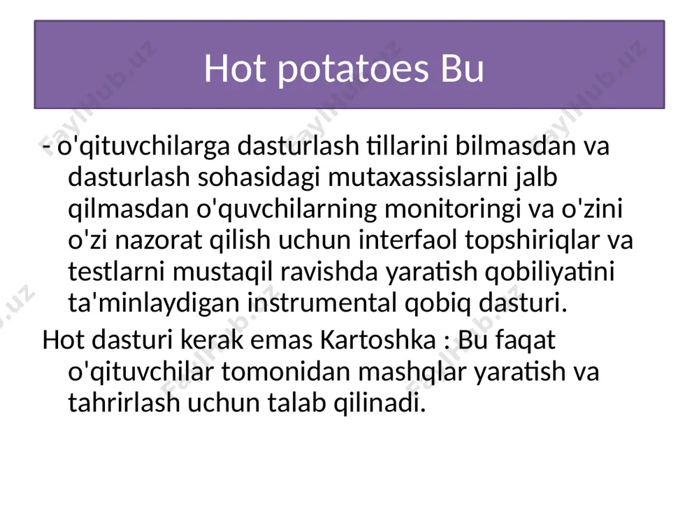 . jcloze - bo'sh joylarni to'ldiring. 3. jmatch – moslash (3 turdagi vazifa). 4. jcross – krossvord. 5. jmix – ketma-ketlikni tiklash. barcha mashqlar o'quv rejimida amalga oshiriladi (sinov rejimi faqat bir nechta tanlov savollari uchun taqdim etiladi). vazifalarni bajarish natijasi foizlarda baholanadi. muvaffaqiyatsiz urinishlar bahoning pasayishiga olib keladi. 5 viktorina. krossvord krossvord yaratish uchun siz hotpotatoes dasturini ishga tushirishingiz kerak , so'ngra kartoshka menyusidan jcross dasturini tanlang yoki hotpotatoes ekranidagi tegishli kartoshkani bosing . ism maydoniga krossvord nomini kiritishingiz kerak. yuqori qismida avtomatik krossvord yaratish tugmasi mavjud. men avtomatik yaratish tugmasini bosdim so'zlarni kiritdi grid yaratish tugmasini bosing va u krossvord yaratadi bu men olgan krossvord. ekranning pastki chap burchagidagi strelka tugmalaridan foydalanib, siz yaratilgan krossvordni maydon ichida siljitishingiz mumkin. harakatga misol. ta'riflarni bosing. ushbu oyna paydo bo'ladi. keling, ta'riflar bilan tanishaylik. vazifa konfiguratsiyasidagi qo'shimcha sozlamalar menyu orqali o'rnatilishi mumkin - tanlash - veb-sahifa ko'rinishi . har bir so'z …