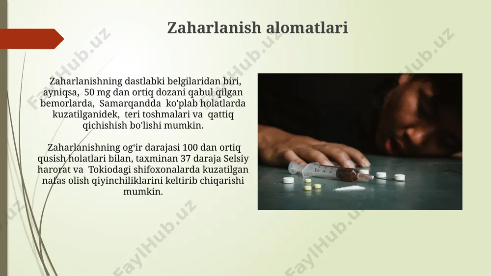 olatlari koʻpincha toshkent shahridagi tez tibbiy yordam boʻlimlariga 200 dan ortiq murojaatlar bilan qayd etiladi. zaharlanish sabablari o'zbekistonda 2022-yilda giyohvand moddalarni haddan tashqari dozasi tufayli vafot etganlar soni 300 dan oshgan, bu esa mamlakat shifoxonalarida zaharlanish holatlarining ko'payishini ko'rsatadi. afg'onistondan keltirilgan geroin kabi noqonuniy giyohvand moddalarning arzonlashuvi va keng tarqalishi qashqadaryo viloyatida giyohvand moddalar bilan bog'liq zaharlanish holatlarining keskin oshishiga olib keldi. e'tiboringiz uchun rahmat @taqdimot_robot image1.jpg image2.jpg image3.jpg image4.jpg image5.jpg image6.jpg image7.jpg image8.jpg image9.jpg image10.jpg